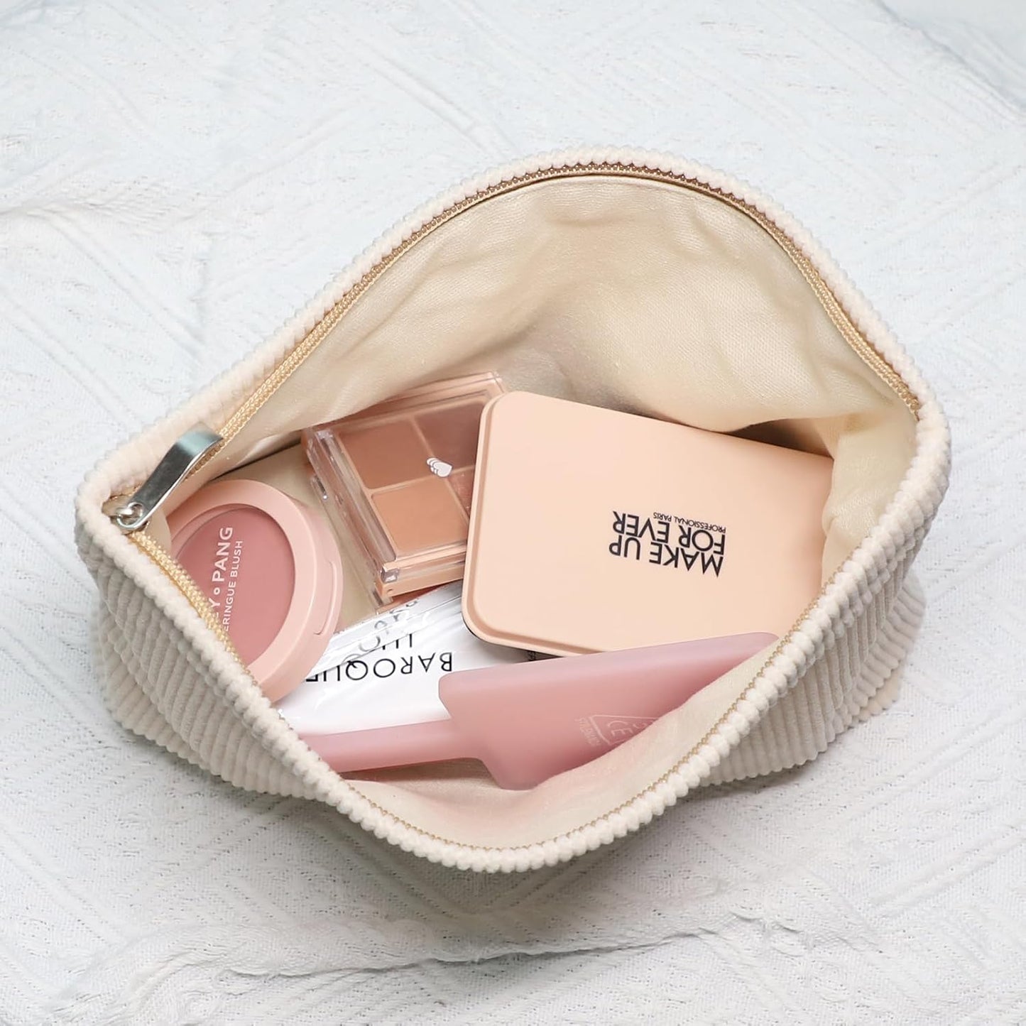 Wudygirl Travel Makeup Bag Large Capacity Cosmetic Bag for Women Corduroy Toiletry Bag Handbags Purses Zipper Pouch(Beige)