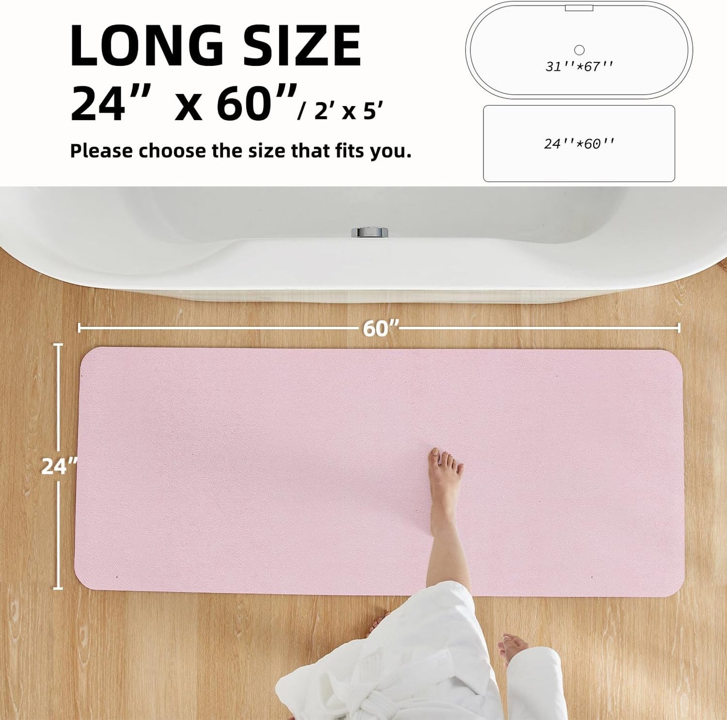 Pink Bath Mat, Bathroom Rugs Non Slip Washable Thin Absorbent Quick Dry Bath Mat Fits Under Door Bathroom Floor Mat Perfect for Bath, Shower, or Sink 24"x60" Pink