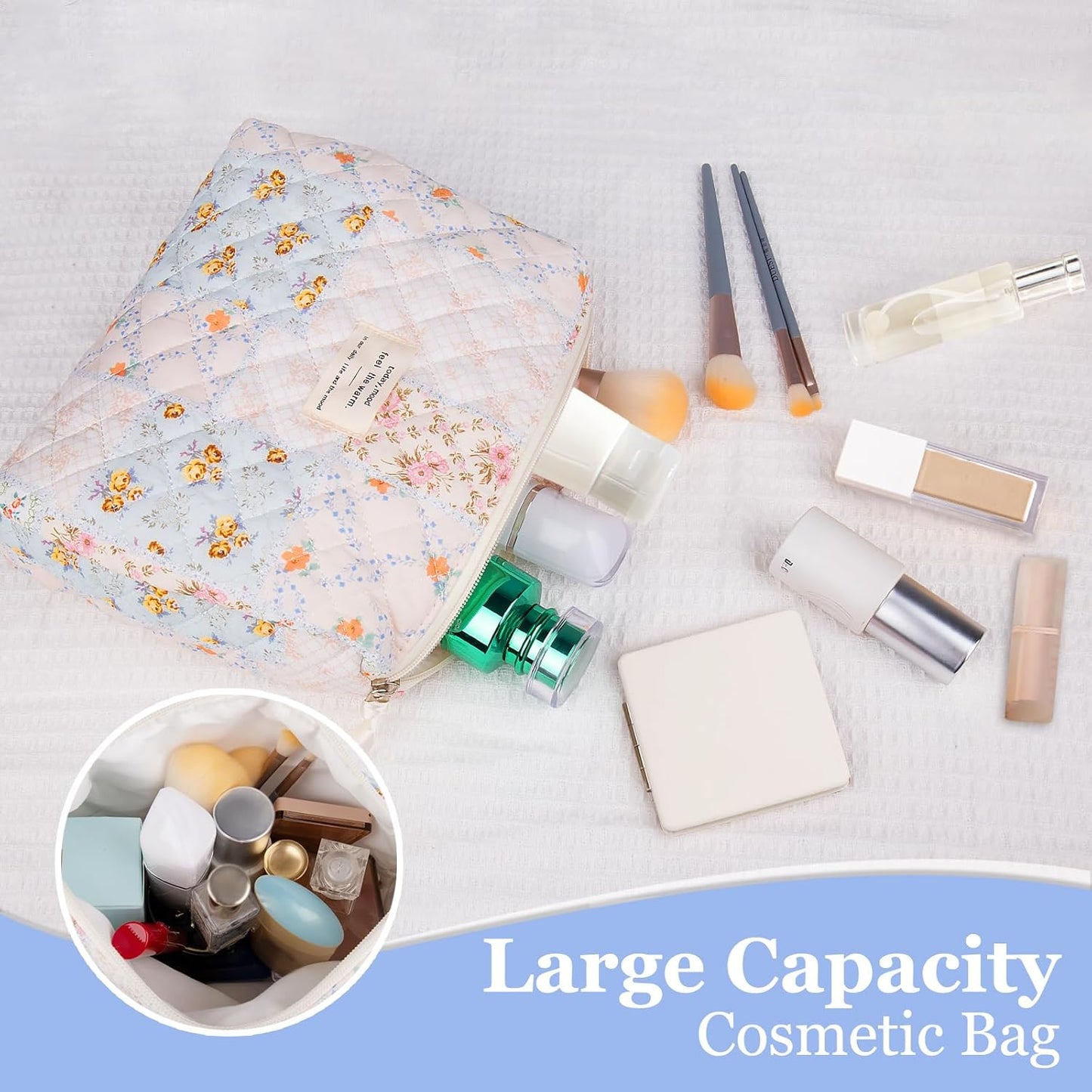 2PC Makeup Bag Set, Cute Cosmetic Bag for Women Girls, Floral Coquette Aesthetic Toiletry Bag, Travel Make Up Organizer Bag (Folk Style)