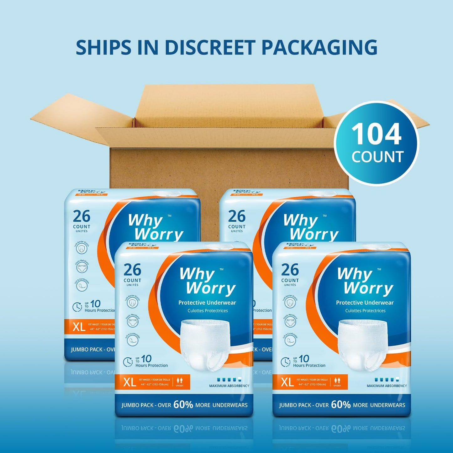 WhyWorry Incontinence Underwear for Women and Men, Disposable Adult Pull Ups with Overnight Absorbency, Leakproof, Unisex, XLarge, 104 Count (4 Packs of 26)