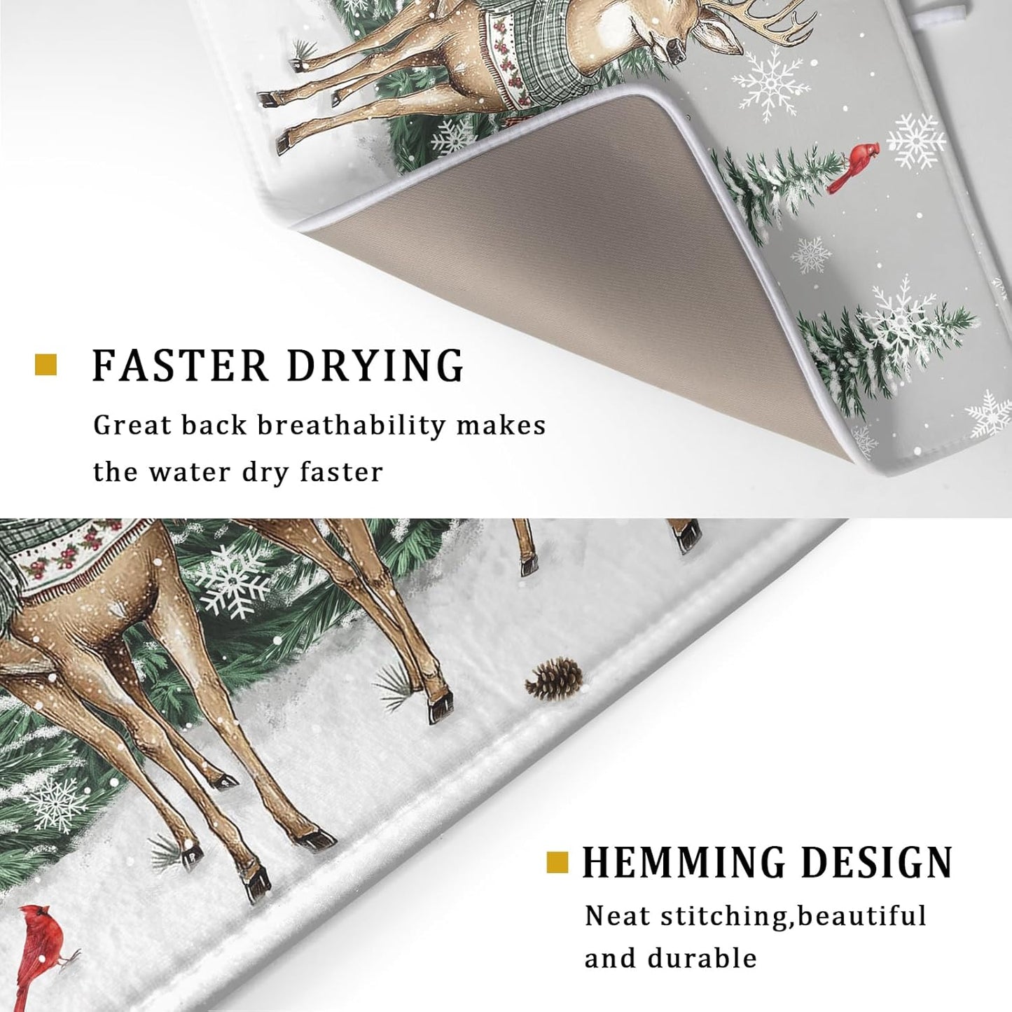 Winter Deer Dish Drying Mat Pine Tree Absorbent Dish Dry Pad Seasonal Microfiber Dish Drainer Mats for Kitchen Counter Coffee Bar 18x24 in