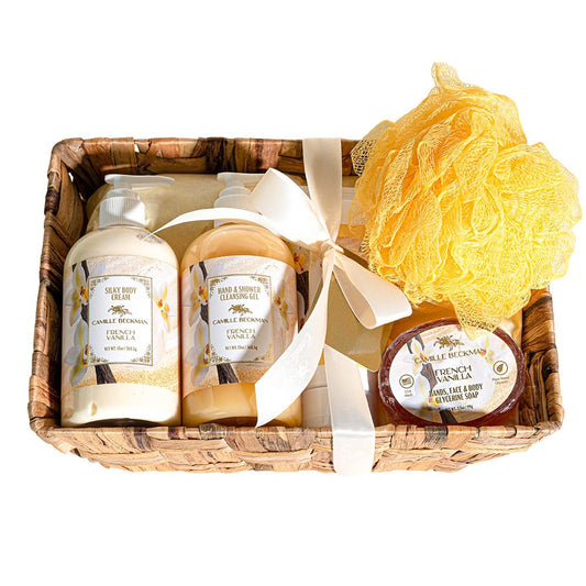 Camille Beckman Essentials Gift Basket, French Vanilla, Glycerine Hand Therapy 6 oz, Silky Body Cream 13 oz, Hand and Shower Cleansing Gel 13 oz, Glycerine Soap 3.5 oz