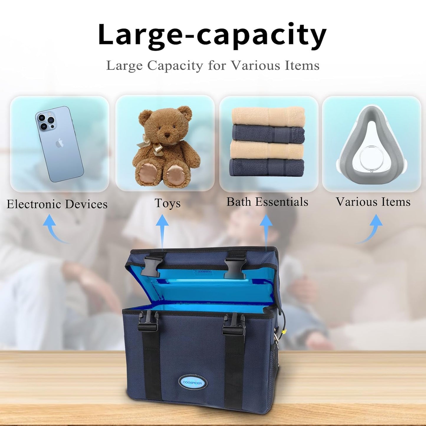 UV Light Sanitizer Ozone Box, Portable Foldable UV Cleaner Bag UVC Household Bag with 3-level Timer for Toys, Keys, Towels, Mask Cleaning Machine Blue 12L Ozone
