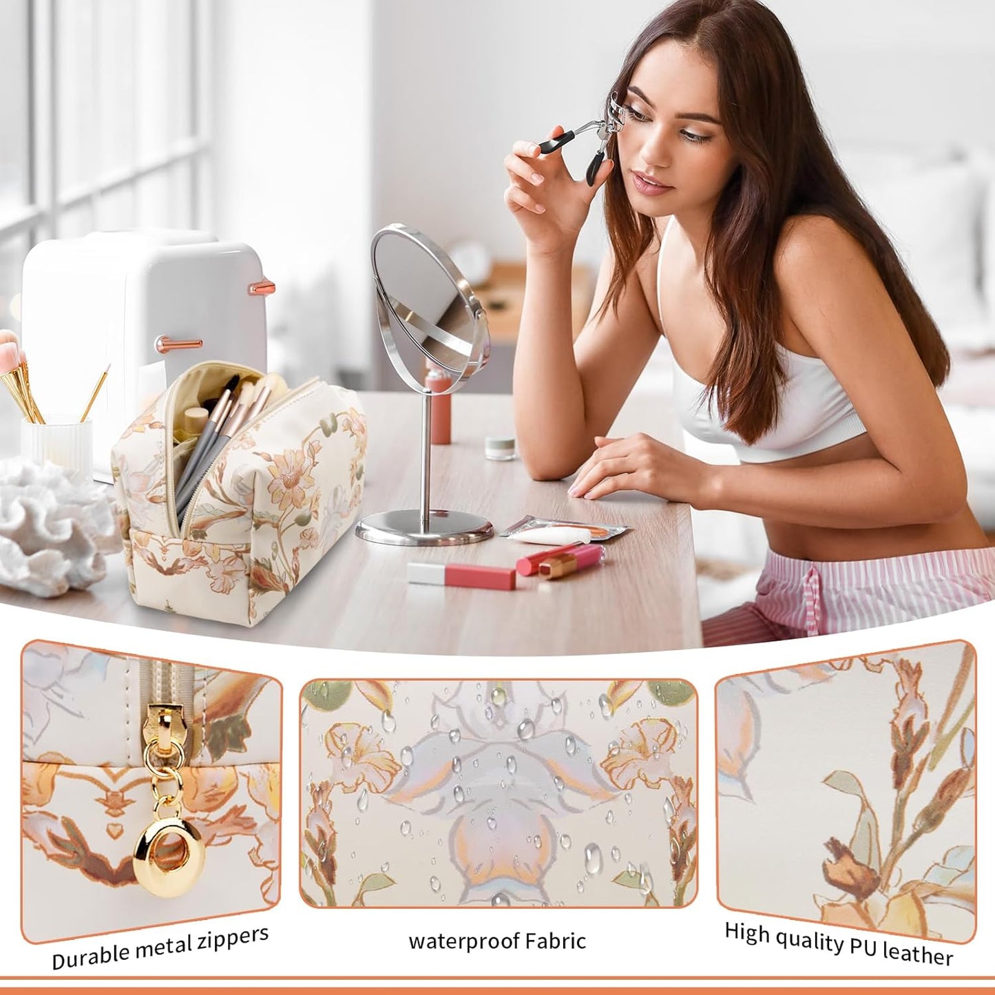 Floral Waterproof Makeup Bag, Leather Cosmetic Bag with Compartments, Zipper Make up Pouch Organizer, Portable Storage Travel Toiletry Bag Gifts for Women Girls(Black Flower)