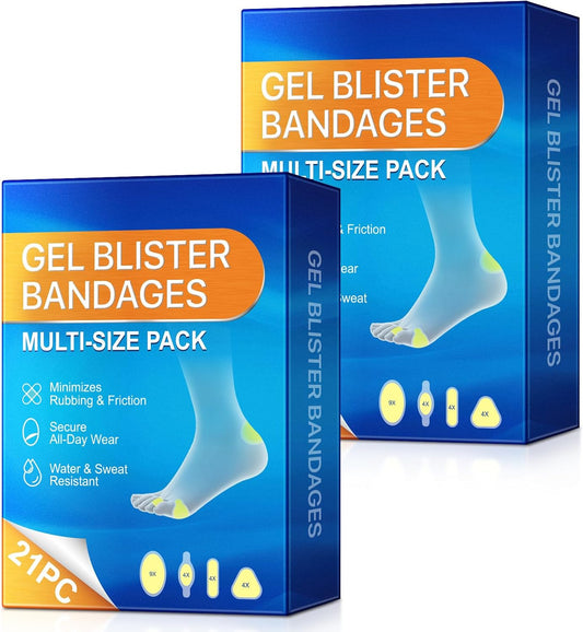 Gel Blister Bandages 21ct, Waterproof Hydrocolloid Blister Bandages for Foot Wound Quick-Healing Blister Cushions for Toe Heel All-Day Prevention, Variety Combo Pack