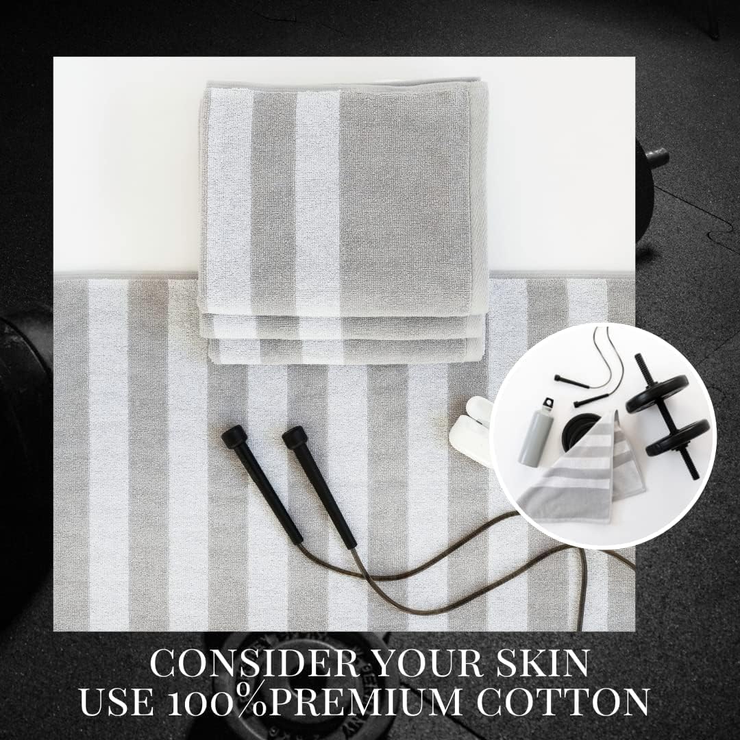 Luzia Striped Workout Towel for Sweat (Pack of 4) - Premium Quality 100% Turkish Cotton - Lightweight and Super Absorbent for Exercise, Sports, Workout, Fitness, Gym, Yoga, Running (Gray)
