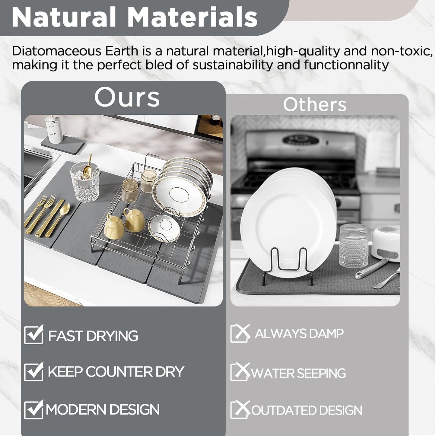 2PCS Stone Drying Mat for Kitchen Counter, Stone Dish Drying Mat - Diatomite Water Absorbing Drying Stone for Kitchen Counter Mat, Quick Dry Stone Mat Kitchen for Cups Dishes Bottles.