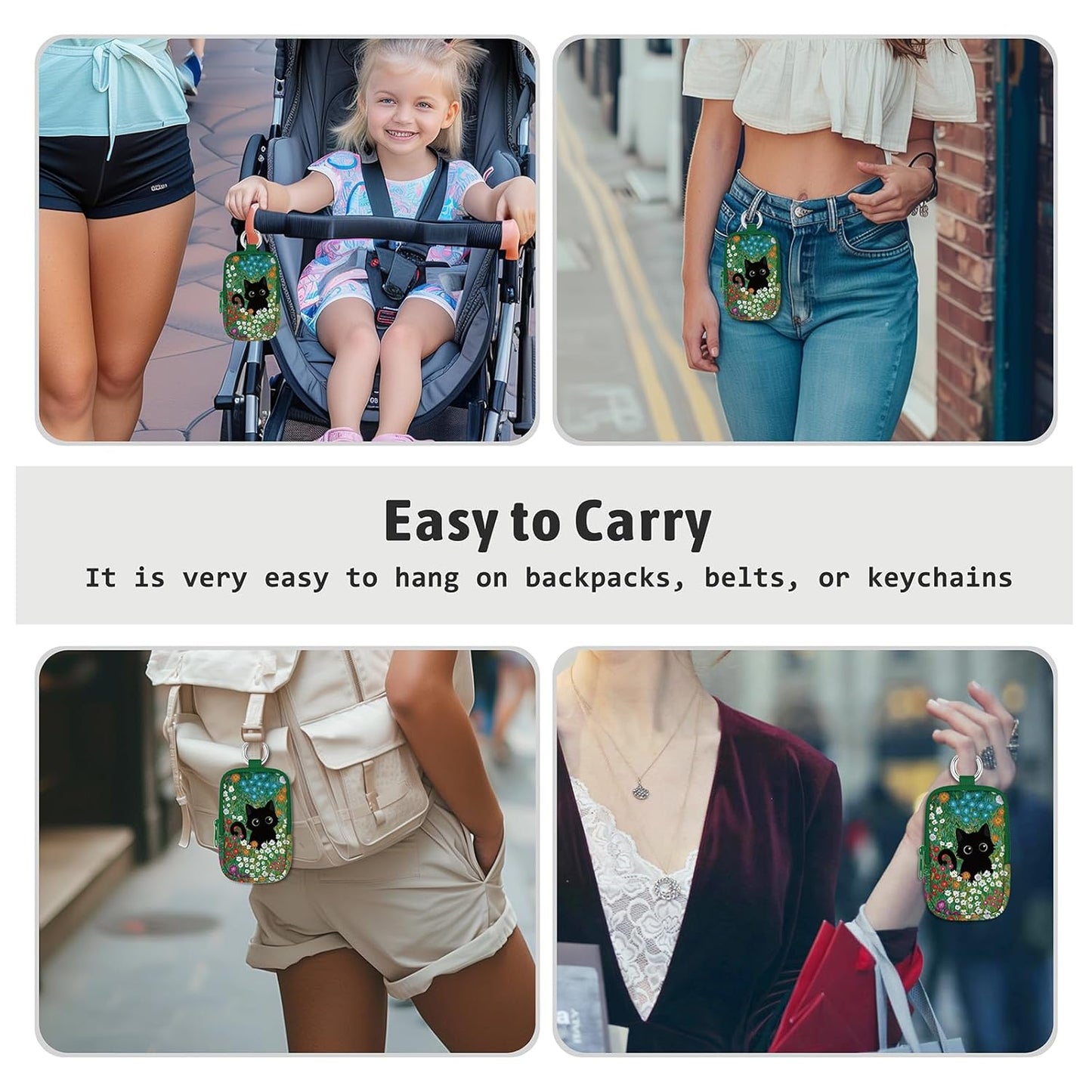 Floral Black Cat Hand Sanitizer Spray Case, Cute Hand Sanitizer Holder Zippered Pouch, Fashion Accessory with Snap Hook for Glow Mist and Power Mist 1FL OZ