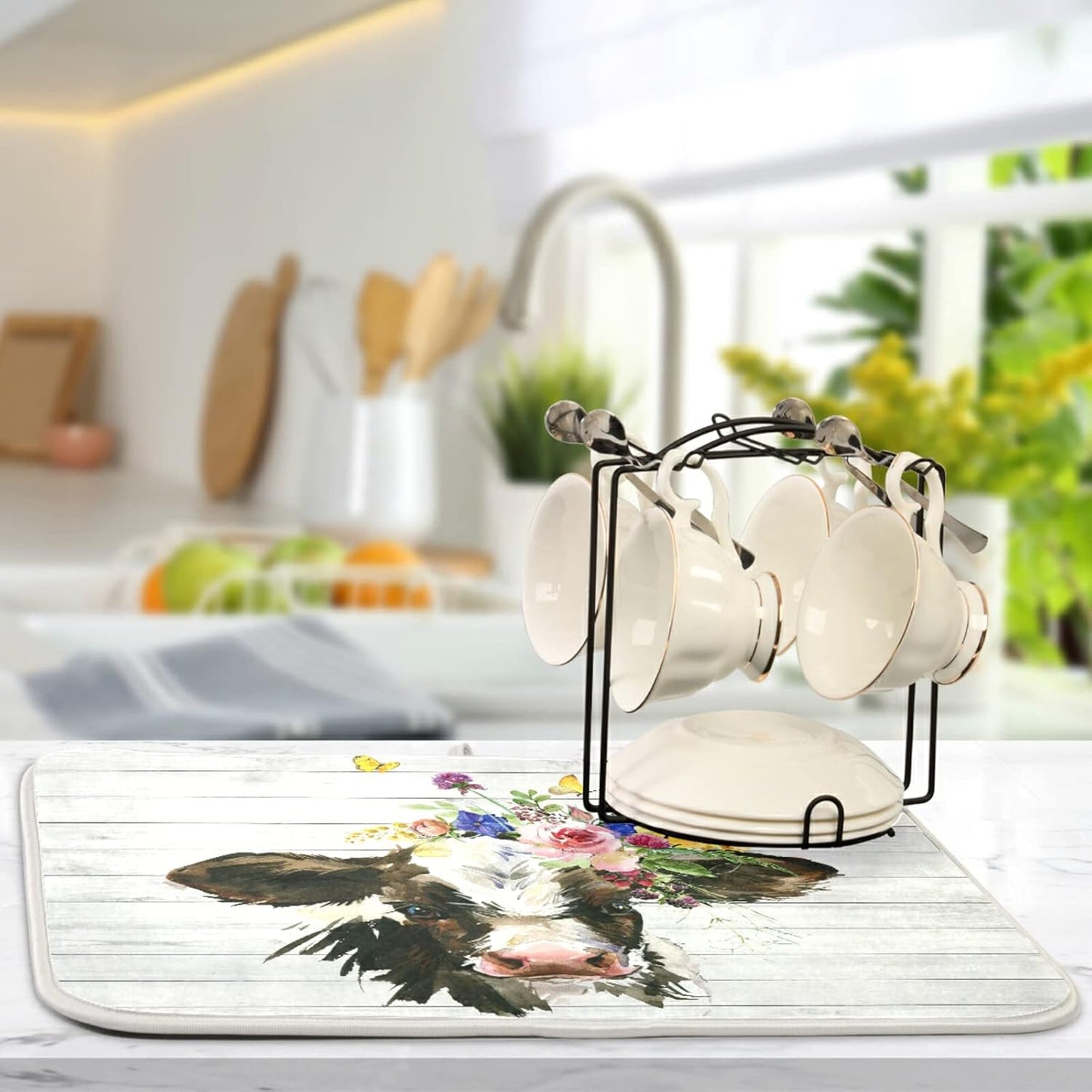 White Farmhouse Cow Wood Dish Drying Mats for Kitchen Drying Mat 16 x 18 Inch Absorbent Microfiber Drying Dish Mat Machine Washable Dish Rack Pad Dish Drainer Mat