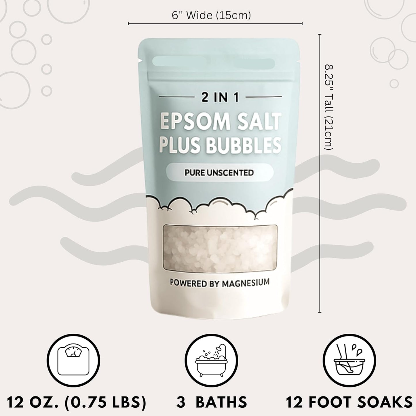 Epsom Salt Plus Bubbles – Pure Unscented Foaming Bath Soak – Magnesium Sulfate for Muscle Recovery, Stress Relief & Relaxation – Great for Aromatherapy – 12 oz