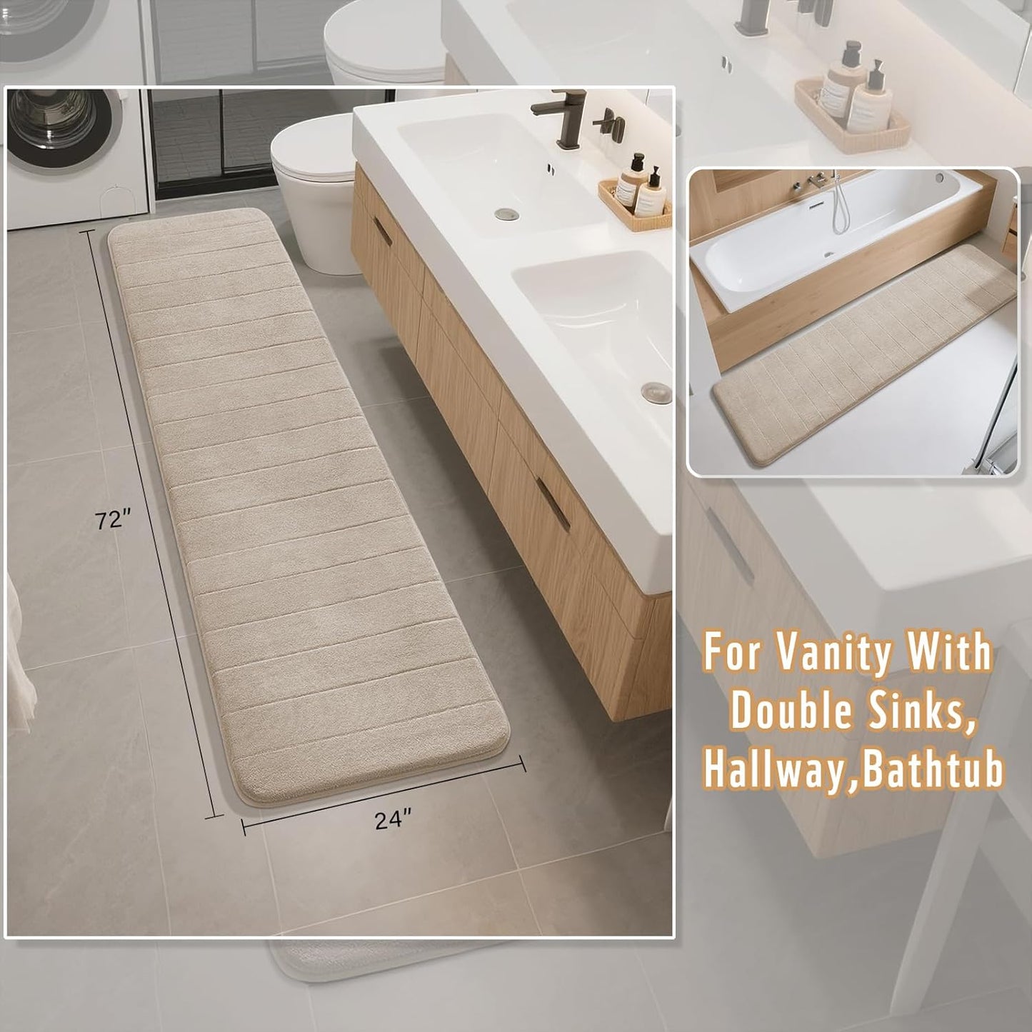 Yimobra Bathroom Runner Rugs 72"x24" Non Slip Washable Memory Foam Bath Mat, Super Soft Water Absorbent Hallway Carpet for Vanity Tub Shower, Beige