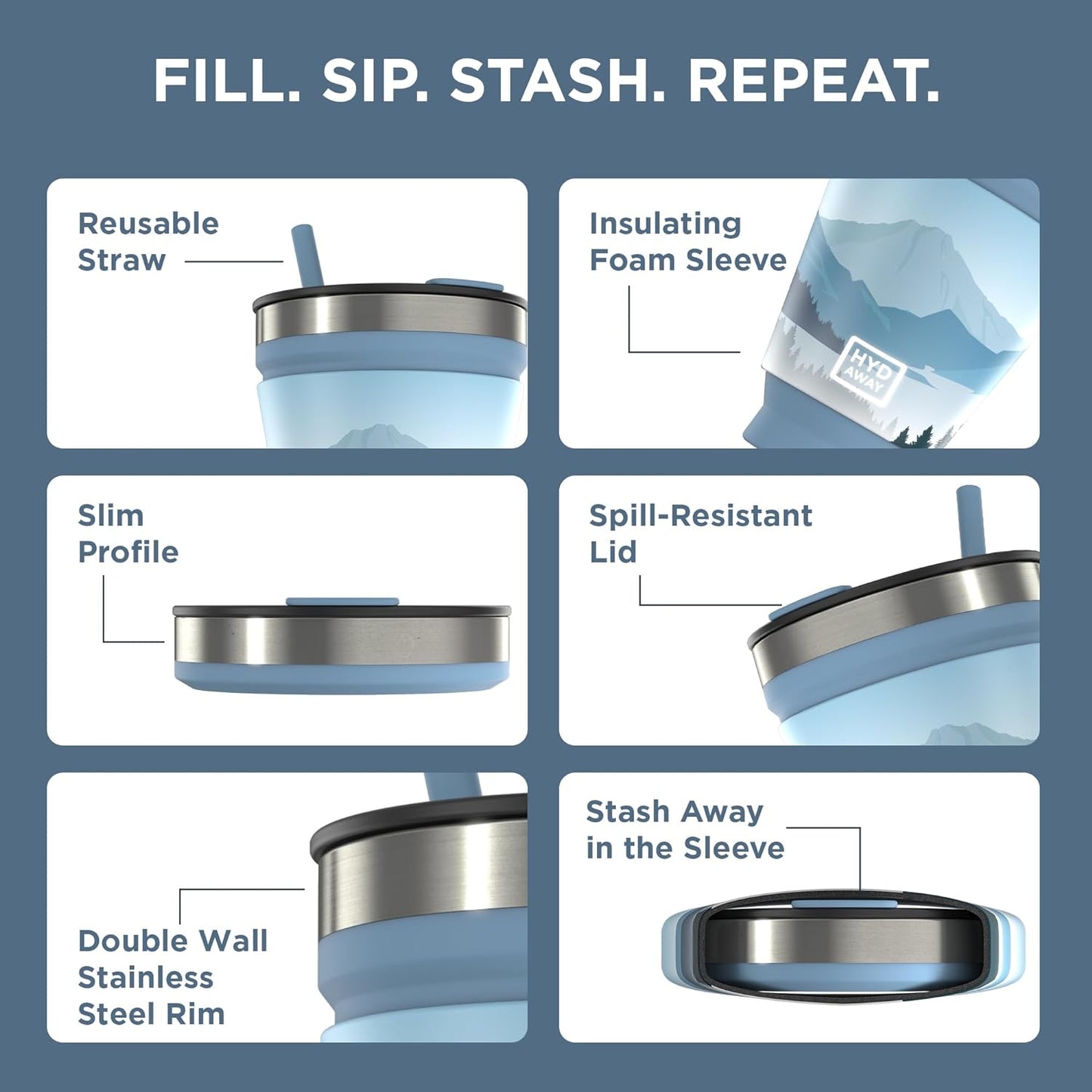 HYDAWAY 16oz Collapsible Tumbler - BPA-Free, Reusable Silicone Cup with Lid & Insulating Sleeve - Perfect for Coffee, Travel, and Everyday Use