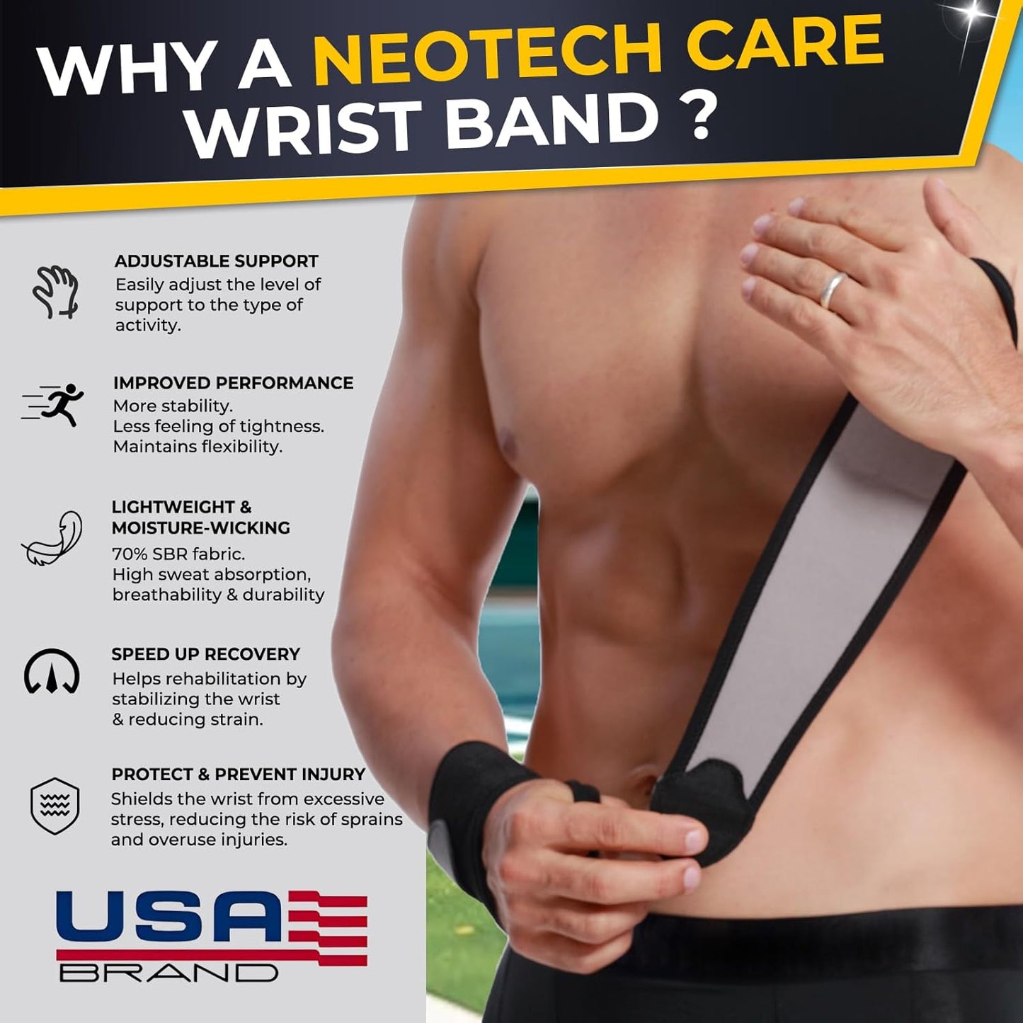 NeoTech Care Wrist Band - Elastic & Breathable Fabric - Adjustable Compression Strap - Men, Women, Right or Left - Support Wrap for Protection or Sports (Black Color, Size L, 1 Unit)