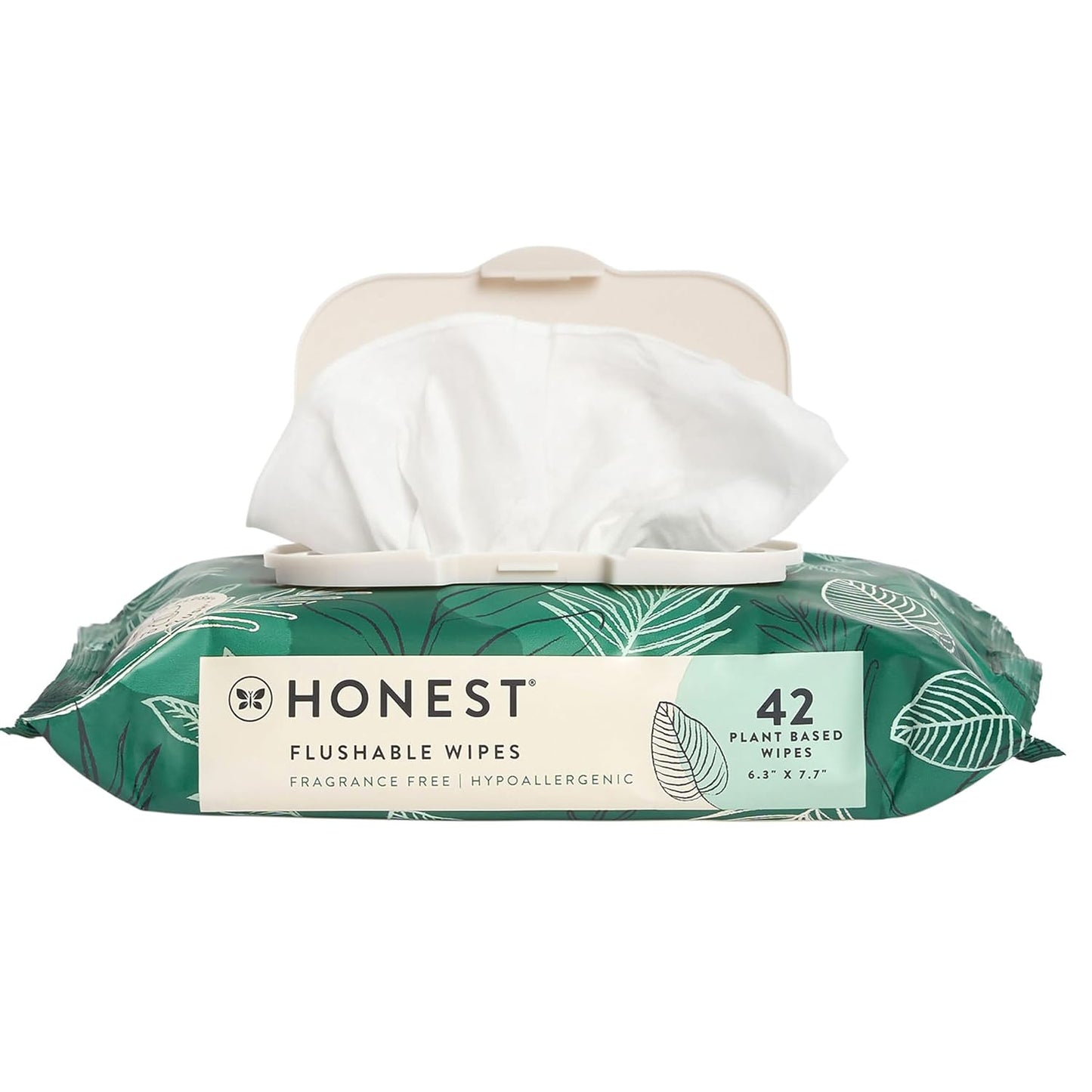 The Honest Company Flushable Wipes for Sensitive Skin | Fragrance Free, Hypoallergenic, 99% Water, Safe to Flush | pH Balanced Feminine Wipes | Tropical Leaves, 42 Count