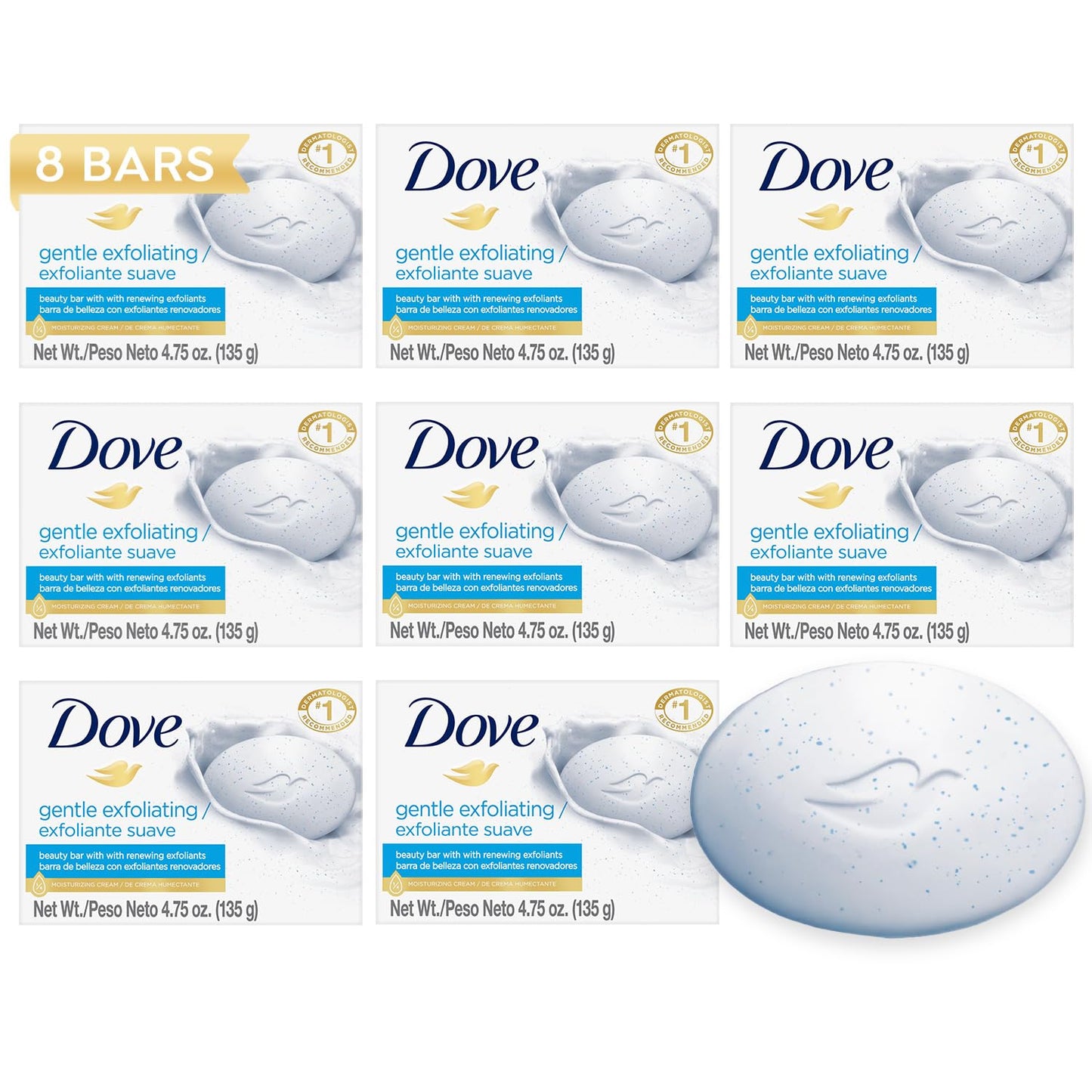 Dove Soap, Gentle Exfoliating Beauty Bar 8-Pack – 3-in-1 Moisturizing Face, Body & Hand Soap, 4.75 Oz Ea