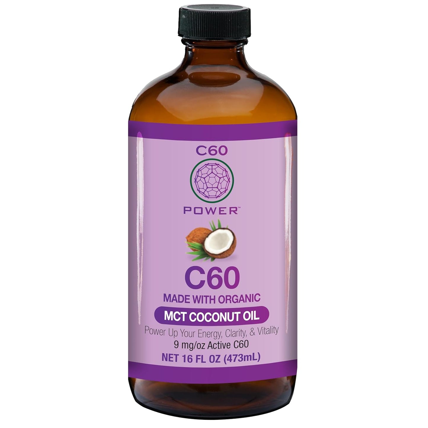 C60 Purple Power Organic MCT Coconut Oil, Organic Cold-Pressed Coconut Oil, 99.99% Pure C60 Carbon Fullerenes (16 oz)
