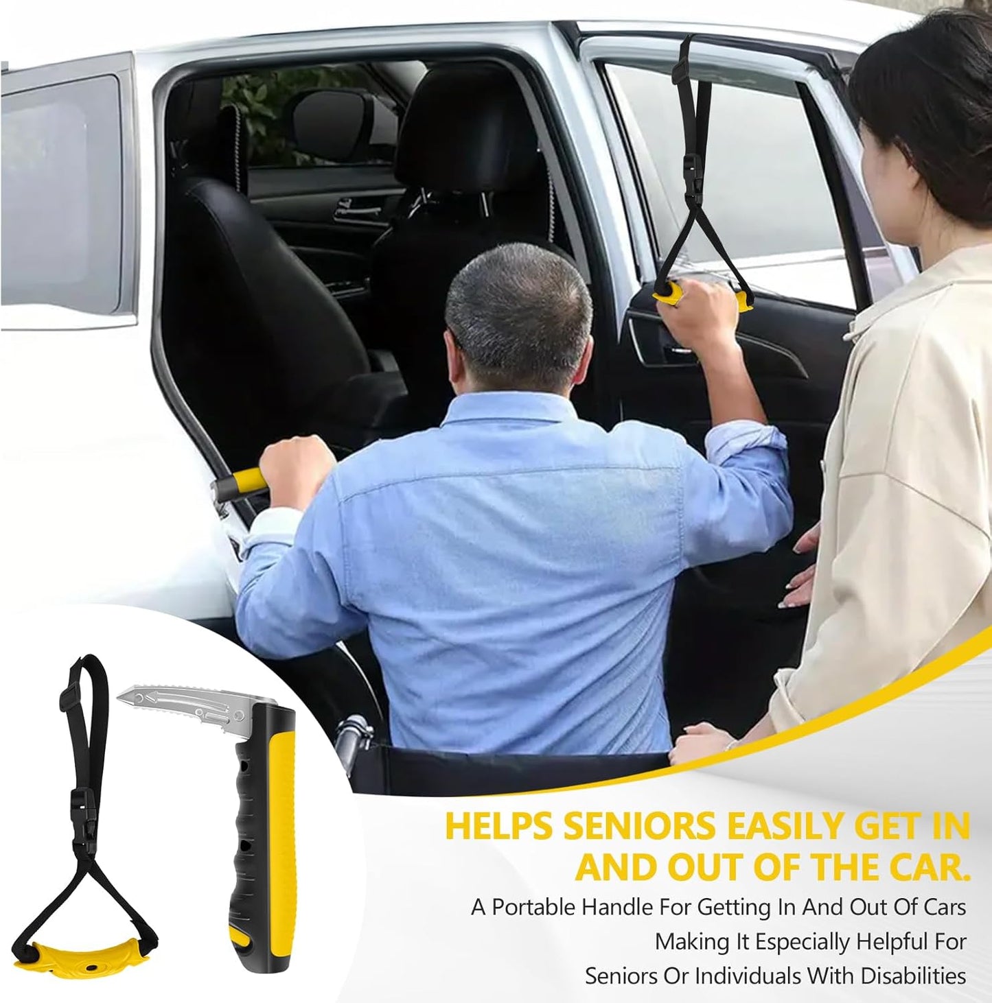 Car Door Handle for Elderly - 2025 New 4 in 1 Car Handle Assist, 2 Pack Auto Cane Portable Vehicle Support Handle Door Assist Bar, Max Load 500 Lbs, Anti-Slip Design (Yellow-Car Handle +Strap)