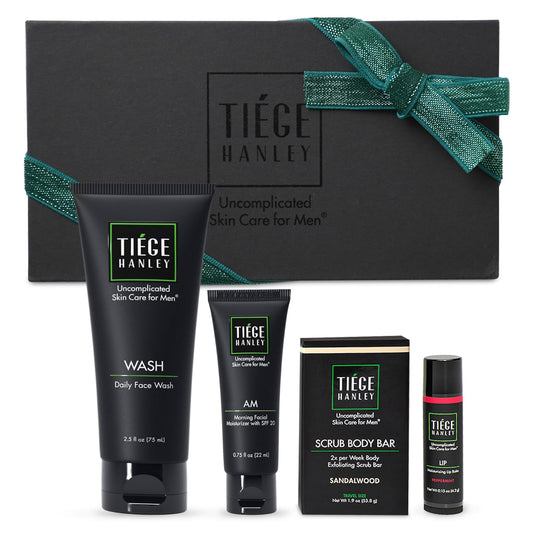 Tiege Hanley Mens Skin Care Gift Box Set, Bronze - Men's Skincare Set Includes Face Wash, Facial Moisturizer with SPF 20 Sunscreen, Body Exfoliating Scrub Bar, & Moisturizing Lip Balm