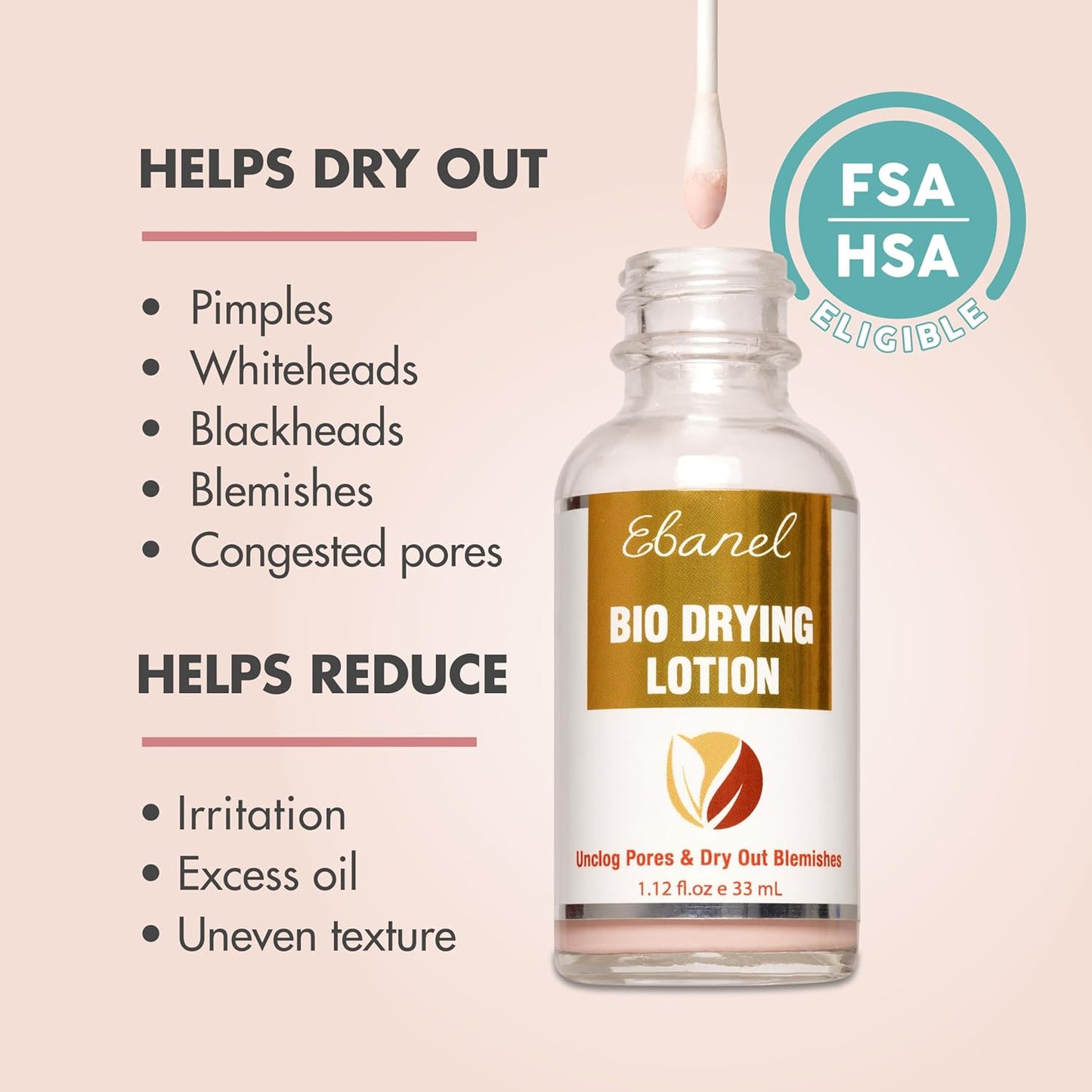 Ebanel Acne Spot Drying Lotion for Face & Body with Sulfur & Salicylic Acid, Targets Pimples & Zits, Helps Clear Pores and Reduce Surface Blemishes Overnight