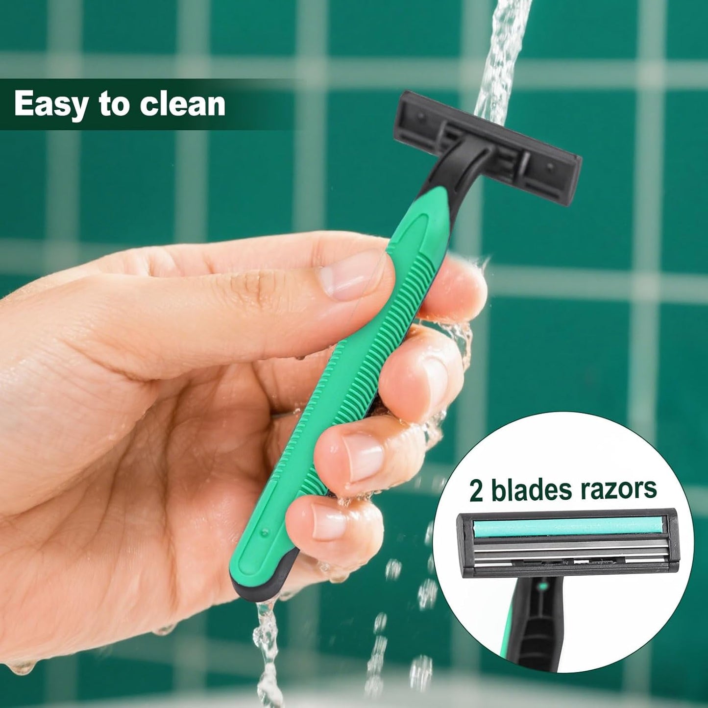 Disposable Twin Blade Razors in Bulk, Individually Wrapped - Clear Safety Cap, For Homeless, Hotel, Airbnb, Travel (pack of 100,green)