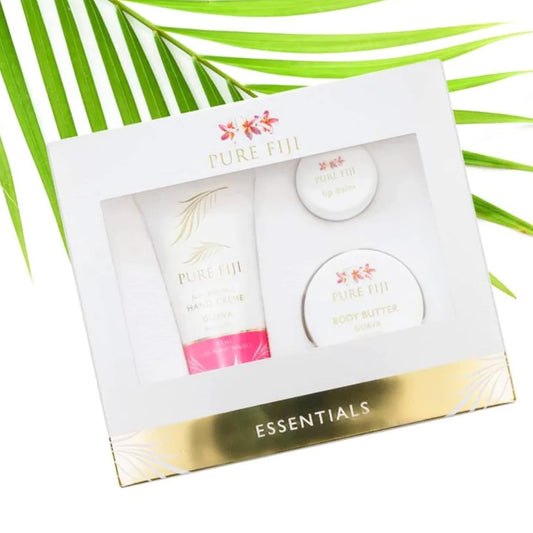 Pure Fiji Essentails Gift Set for Skin Care Hydrating Skincare Set Include - Lip Balm (0,16 Fl. Oz), Body Butter (0.50 Fl. Oz), Hand Crème(1.18 Fl. OZ) Daily Moisturizer Set - Guava
