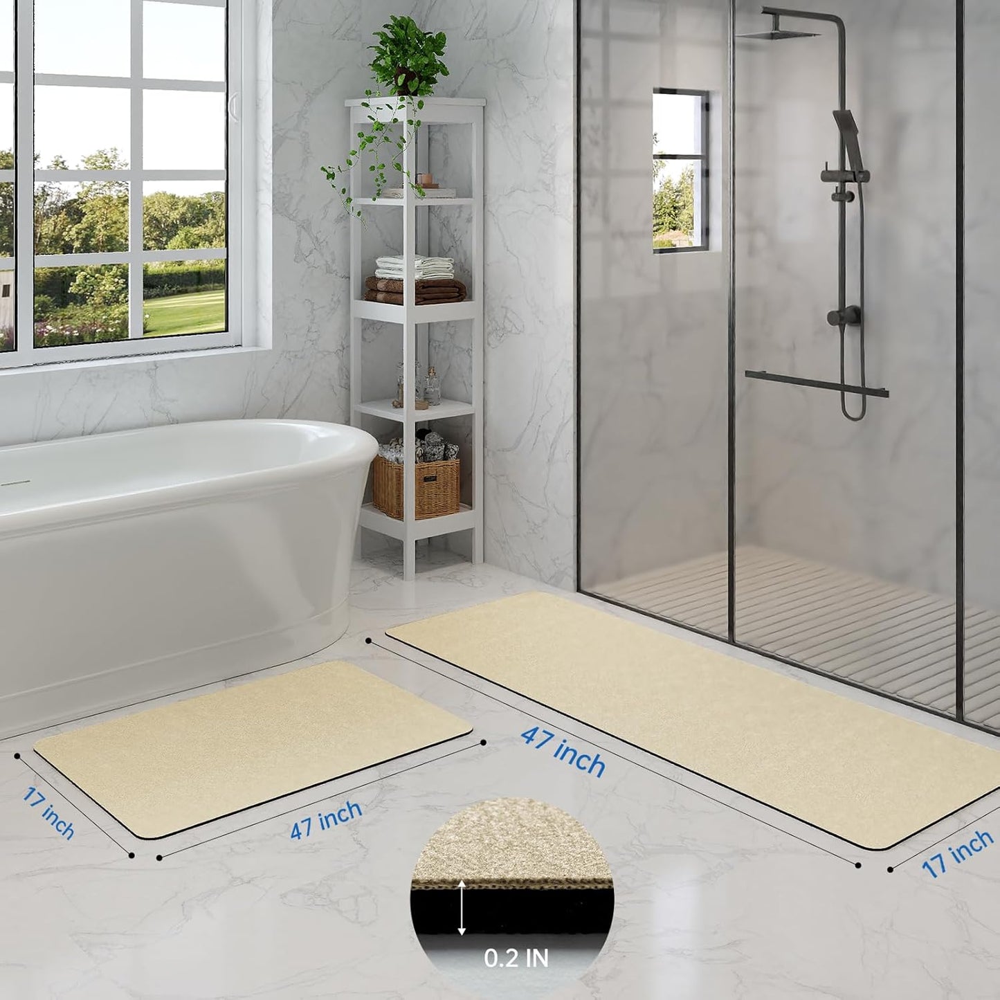Quick Dry Super Absorbent Bathroom Mat Set 2 Piece - Diatomaceous Earth Bath Rug With Rubber Backing Non-Slip for Shower Floor, 47x17 + 24x17, Beige
