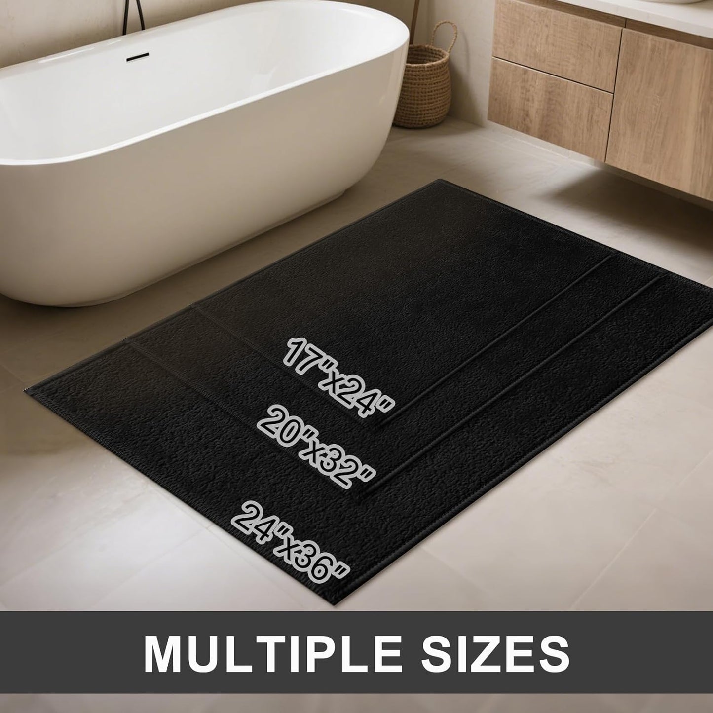 Bath Mat-Non-Slip Bathroom Floor Mats-Absorbent Quick Dry Low Pile Bathroom Rugs Fit Under Door-Bath Rug for Sink,Bathtub,Shower Room,24"×36",Black