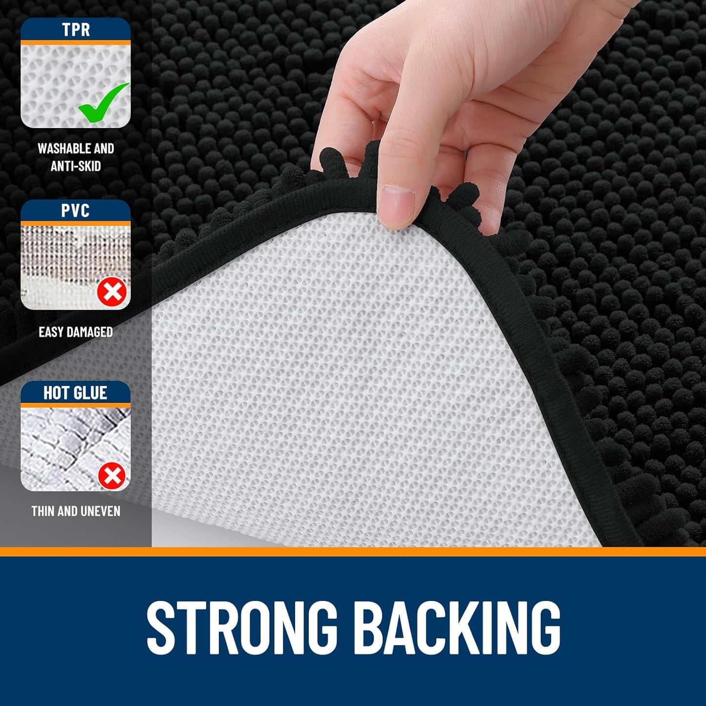 OLANLY Bathroom Rugs 44x24, Extra Soft Absorbent Chenille Bath Rugs, Rubber Backing Quick Dry, Machine Washable Bath Mats for Bathroom Floor, Tub and Shower, Home Decor Accessories, Black