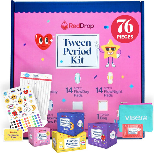 RedDrop Tween Period Kit |76 Pieces First Period Kit for Girls 9-12 | Contains 30 Everyday, 14 FlowDay, 14 FlowNight and 10 Maximum Pads with Wings, 7 Feminine Wipes, Pouch and More