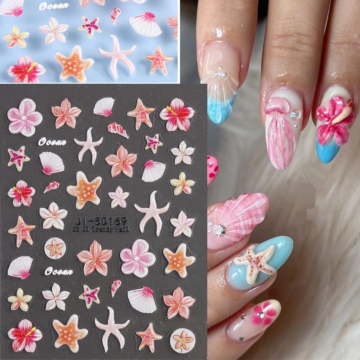 5D Embossed Ocean Nail Stickers, Summer Hibiscus Flowers Sticker for Nails Art Self-Adhesive Floral Decals Starfish Sea Shell Jellyfish Tropical Nail Stickers Pegatinas para Uñas