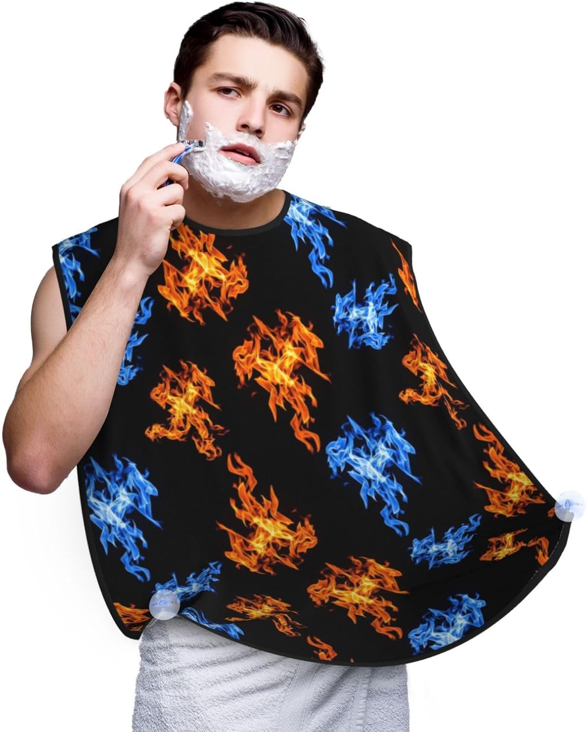Adjustable Non-Stick Beard Apron, Hair Catcher Cape for Shaving Grooming, Waterproof with Suction Cups Men, Red and Blue Fire Shave Bib