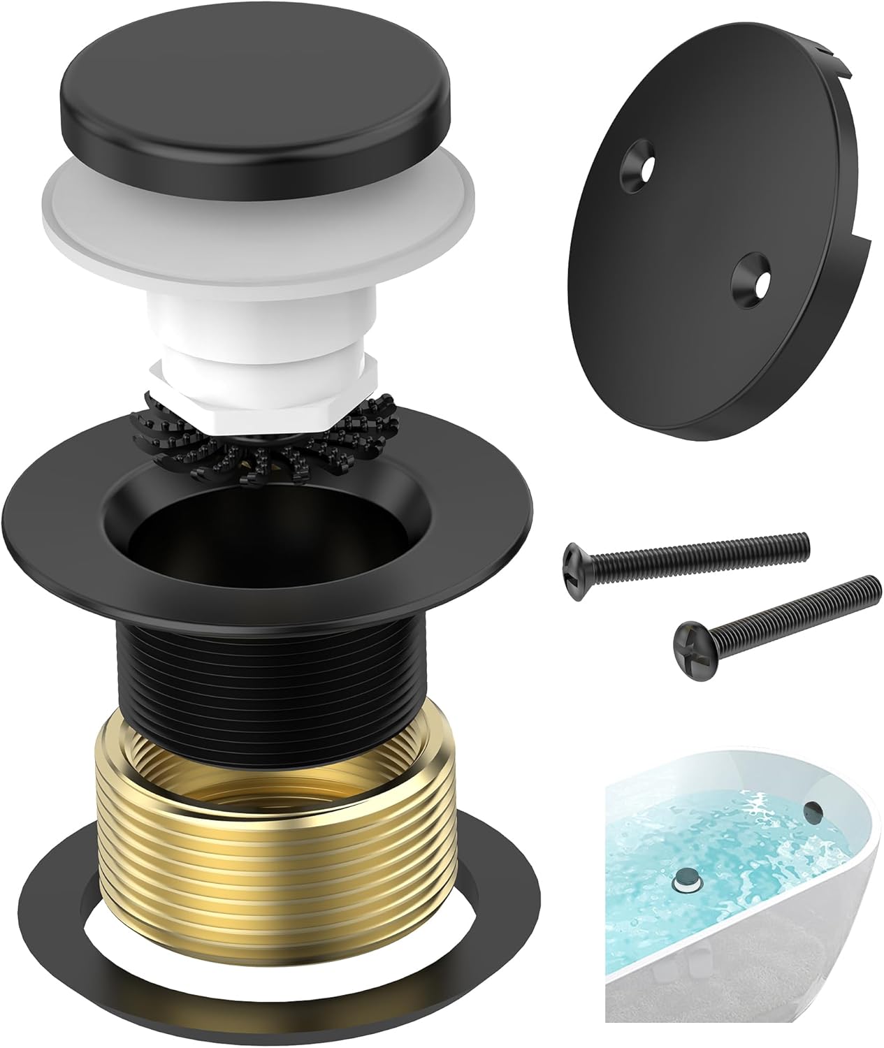 Matte Black Tub Drain Kit with Hair Catcher, Premium Brass Tip-Toe Bathroom Tub Drain Replacement and 2-Hole Overflow Faceplate, 11.5/16 UNC Bathtub Drain Stopper Assembly