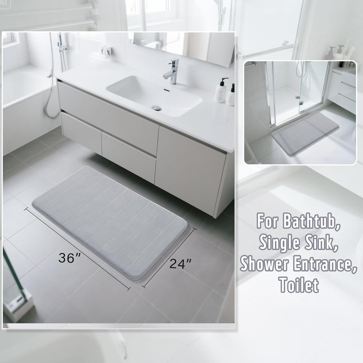 Yimobra Large Bath Mat 36"x24", Super Soft Quick Dry Memory Foam Bathroom Rug, Water Absorbent, Non Slip Backing Machine Washable for Tub Shower, Thick Comfort Support, Silver