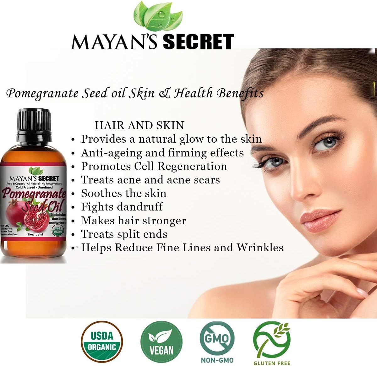Mayan's Secret Pure Carrier and Essential oils for Skin Care, Hair, Body Moisturizer for Face-Anti Aging Skin Care (Pomegranate Seed Oil Organic, 4oz)