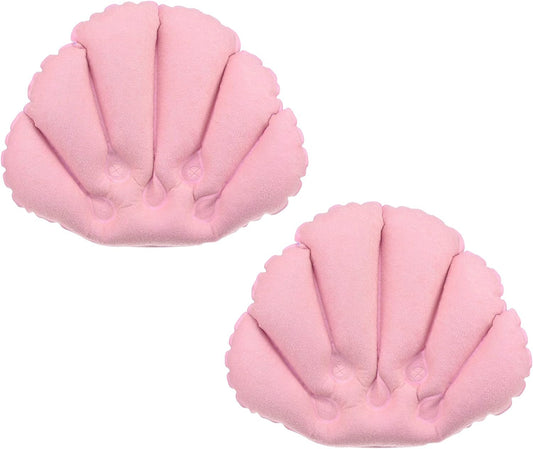PATIKIL Inflatable Bath Pillow with Suction Cups, 2 Pack Terry Cloth Covered Shell Shape Bathtub Spa Pillow Neck Support for Bathtub Hot Tub, Pink