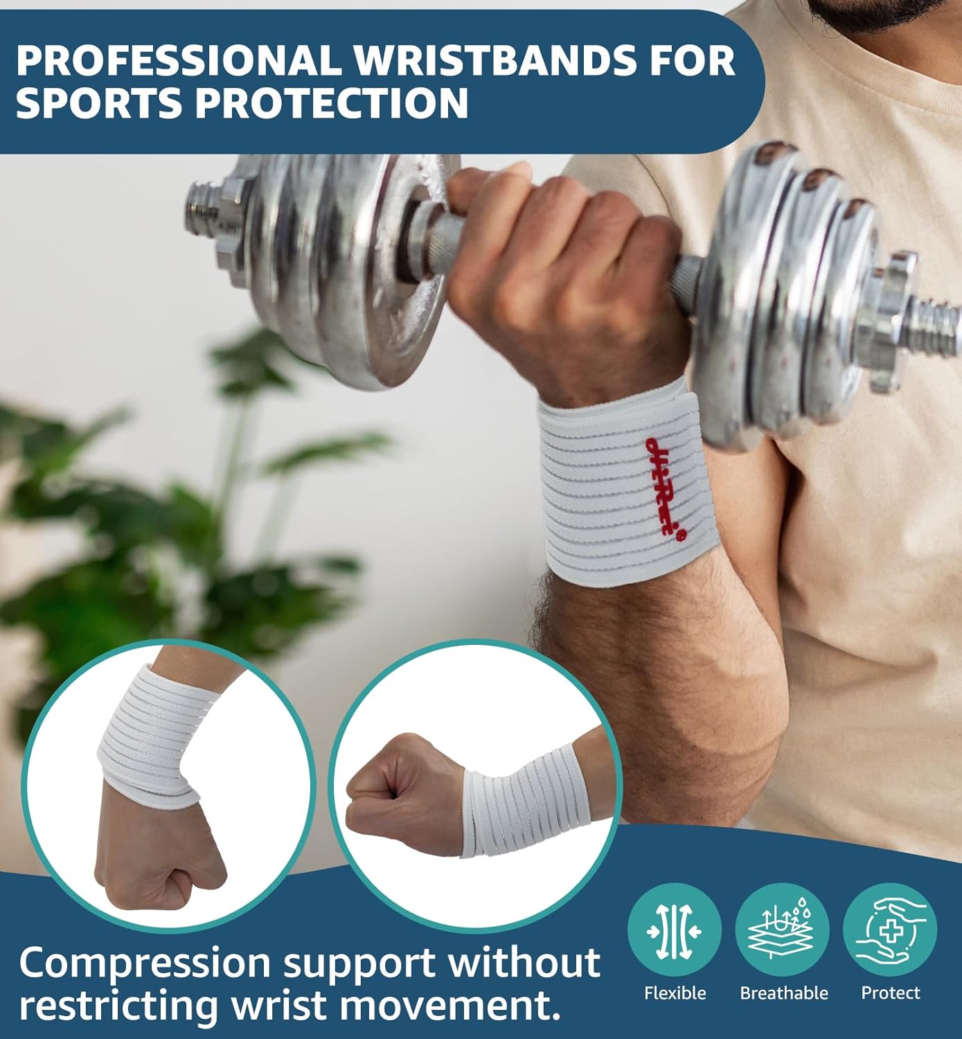 HiRui 2-Pack High-Elastic Wrist Support Straps Wrist Compression Bandage - Wrist Wraps Wristbands for Carpal Tunnel Arthritis Tendonitis Weightlifting Tennis Basketball - Breathable Soft (White)