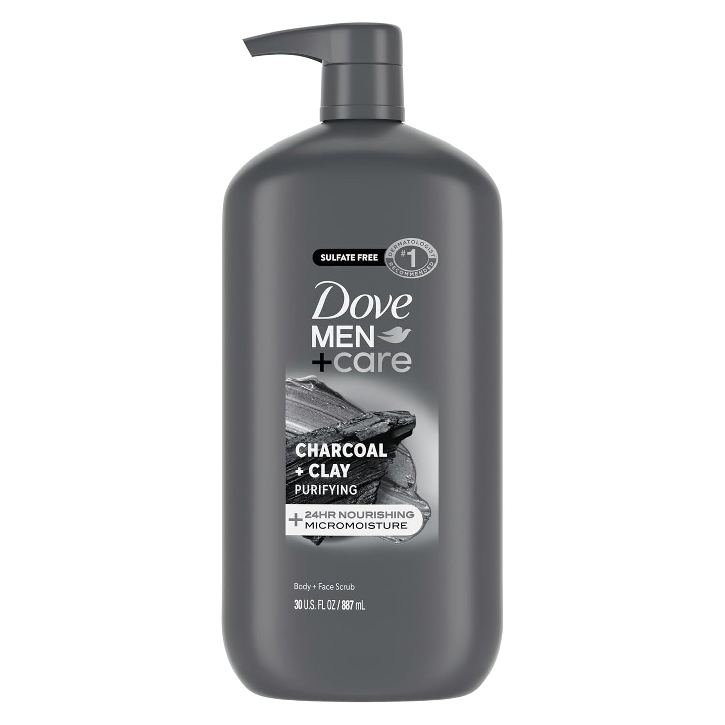 DOVE MEN + CARE Body and Face Scrub Charcoal + Clay Body Wash for Men with 24-Hour Nourishing Micromoisture Technology 30 oz