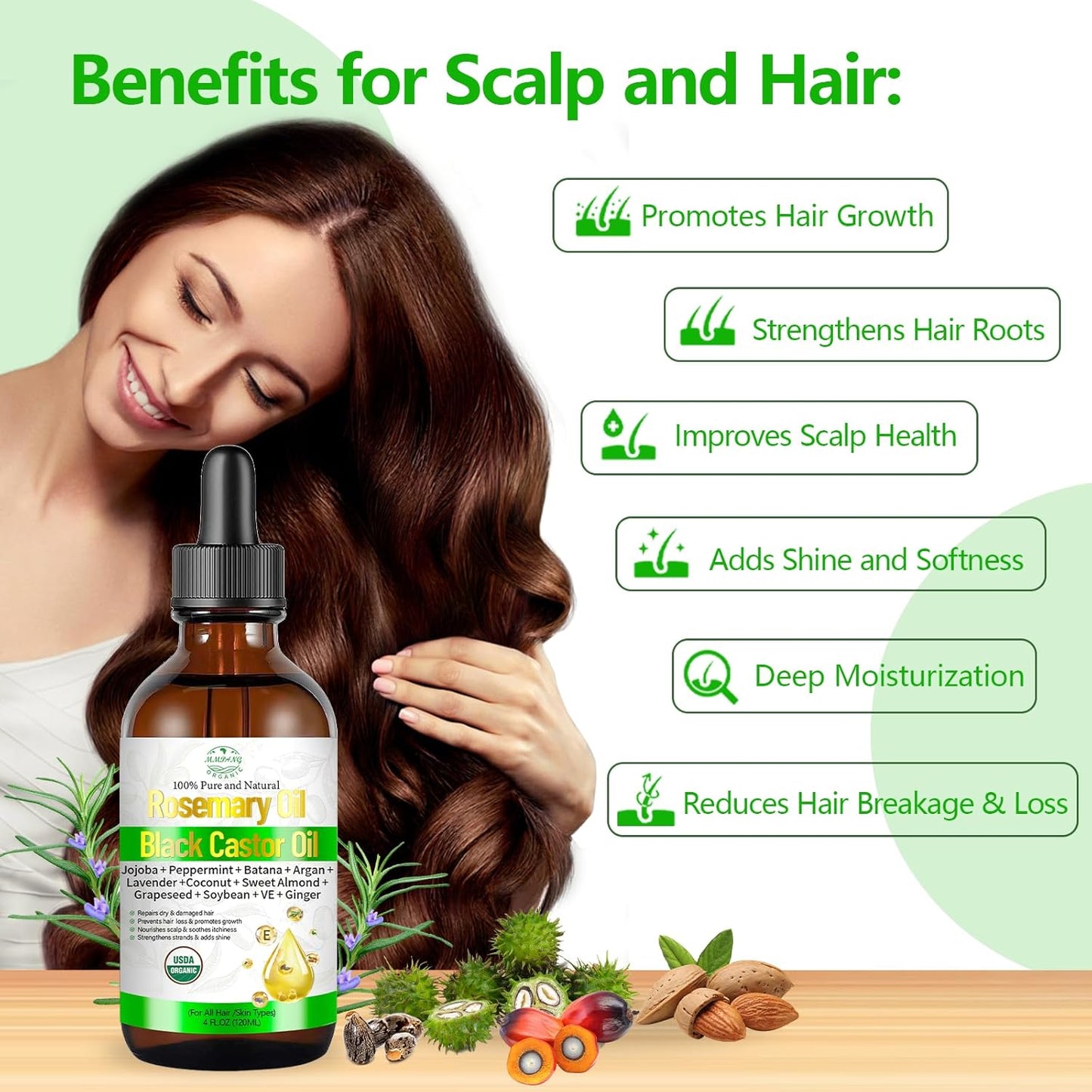Rosemary Oil for Hair Growth with Castor, Organic Cold Pressed Blend Hair Oil Natural Scalp Care - Soothes Itchy Scalp, Repairs Dry Hair & Nourishes Roots for All Hair Types - 4 Fl Oz