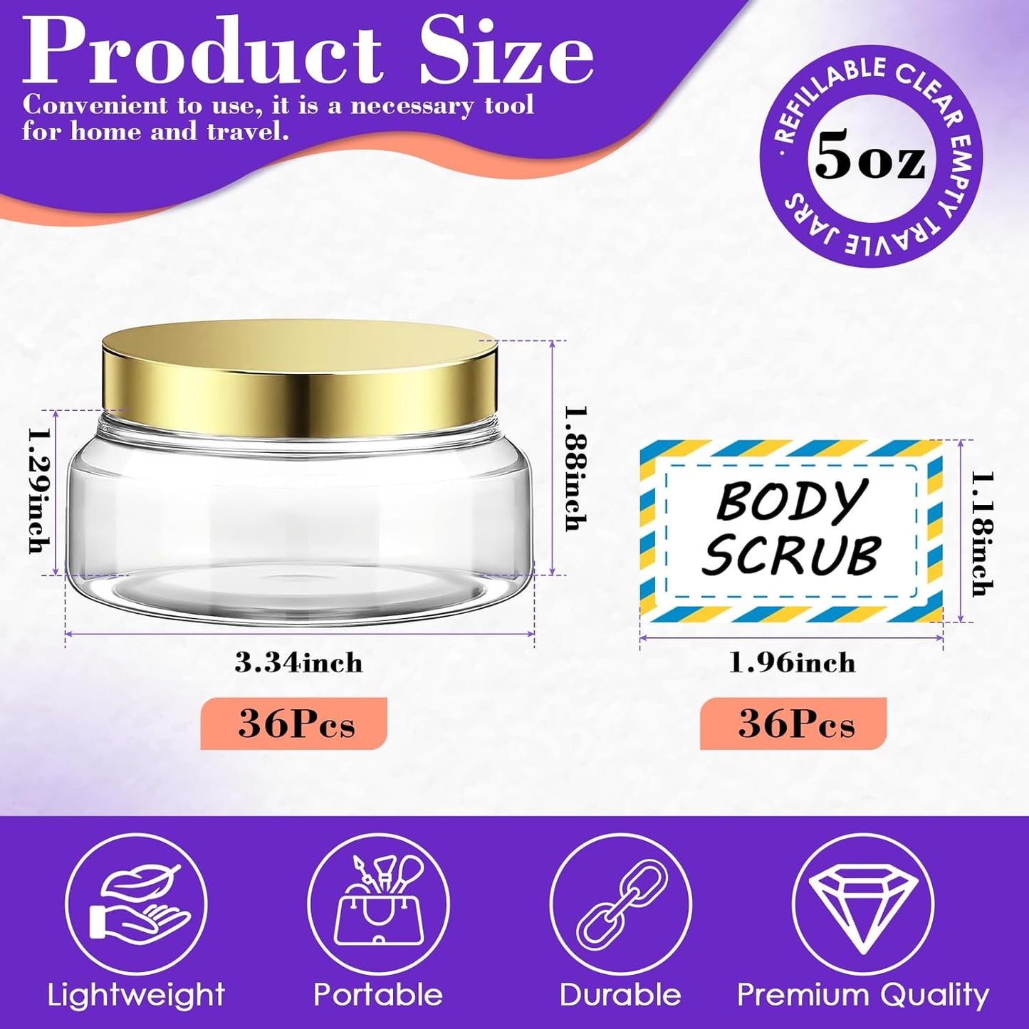 36 Pack 5 oz Plastic Cosmetic Containers With Lids Refillable Clear Empty Travle Jars Containers for Body Butter,Sugar Scrubs,Cream,Lotions,Candy, Waterproof Label&Spatulas - (Clear Lid)