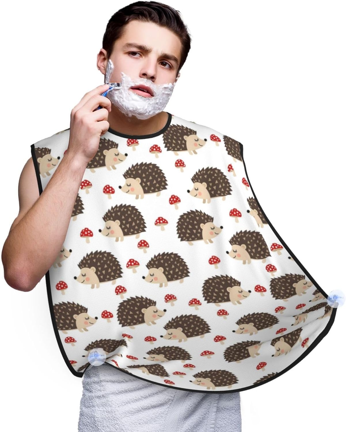 Adjustable Beard Catcher Apron, Autumn Hedgehogs Leaves Mushrooms Shave Bib, Non-Stick Waterproof Grooming Bib, Shaving Essential for Men Dad Christmas
