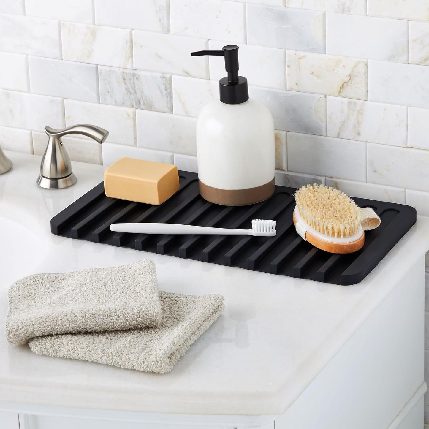 Talented Kitchen Self-Draining Silicone Dish Drying Mat - Sloped Silicone Countertop Drain Mat & Dish Drying Pad for Kitchen Counter - 15 x 8 in Black