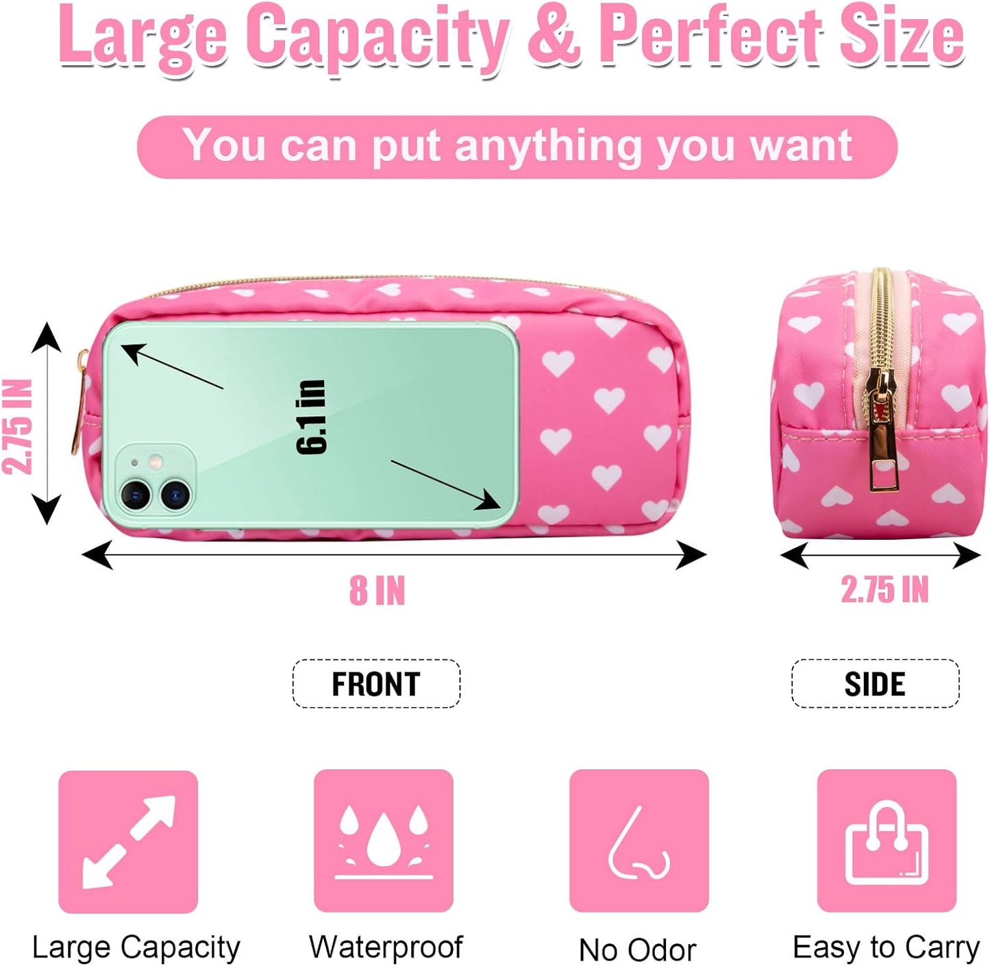 Nylon Slim Makeup Bag, Pink Heart Makeup Brush Case, Preppy Cosmetic Zipper Pouch for Purse, Travel Toiletry Bag Clutch Coin Pouch Makeup Organizer for Women Girls