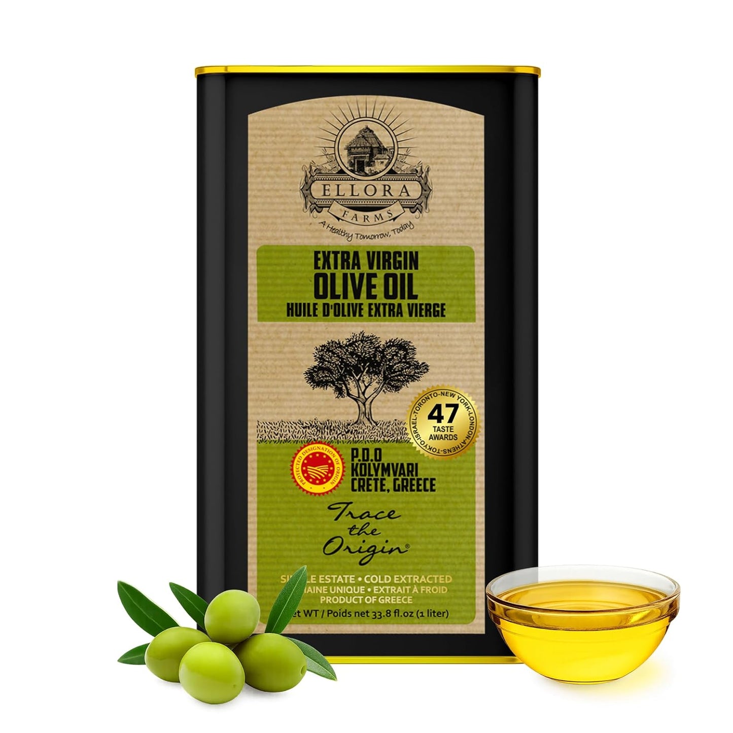 Ellora Farms Olive Oil Extra Virgin, Certified PDO Polyphenol Rich Extra Virgin Olive Oil Cold Pressed & Traceable, Global Gold Awards EVOO, Kosher, Single Origin, Crete, Greece 33.8 Fl oz (1 Ltr)