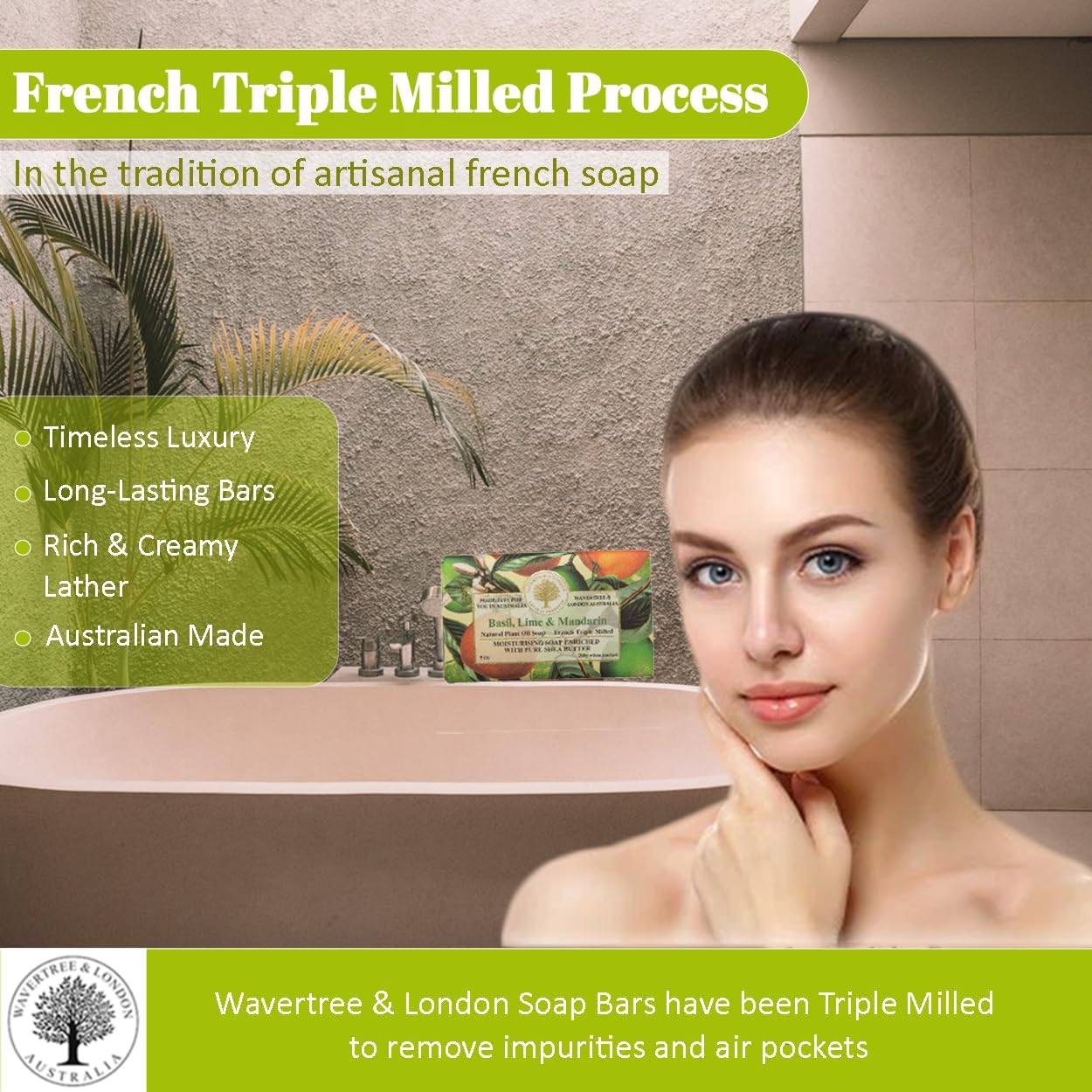 Wavertree & London Basil Lime & Mandarin Scented Natural Soap Bar, 7oz Moisturizing French Triple Milled Soap Bar for Women & Men