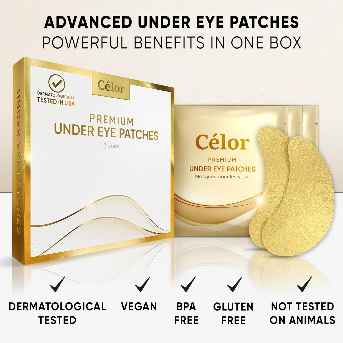 CÉLOR Under Eye Patches Premium - Golden Under Eye Mask Enriched with Hyaluronic Acid, Caffeine, Tea Tree & Collagen, Under Eye Patches for Puffy Eyes, Dark Circles and Puffiness (14 Pairs)
