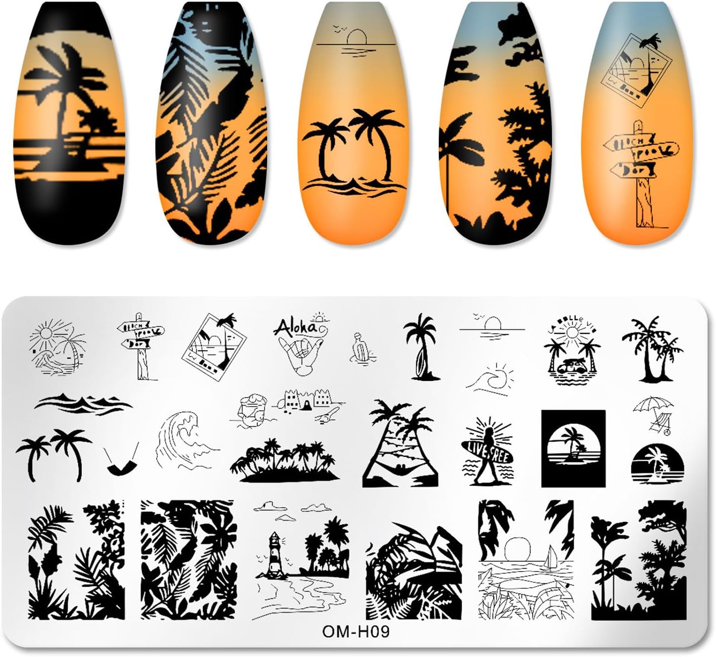 6pcs Nail Art Stamping Plates Set Manicuring Accessories Coconut Tree Leaves Flowers Birds Cactus Island Geometry Image Template for DIY Tips Decoration