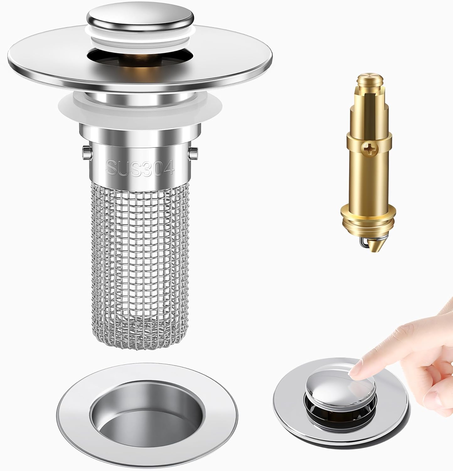 Bathroom Sink Drain Strainer, Pop-Up Bathroom Sink Stopper with Removable Stainless Steel Hair Catcher Basket, Universal Fit for US Bathroom Sinks, Bathtubs, Showers & Floor Drains (Silver*1)
