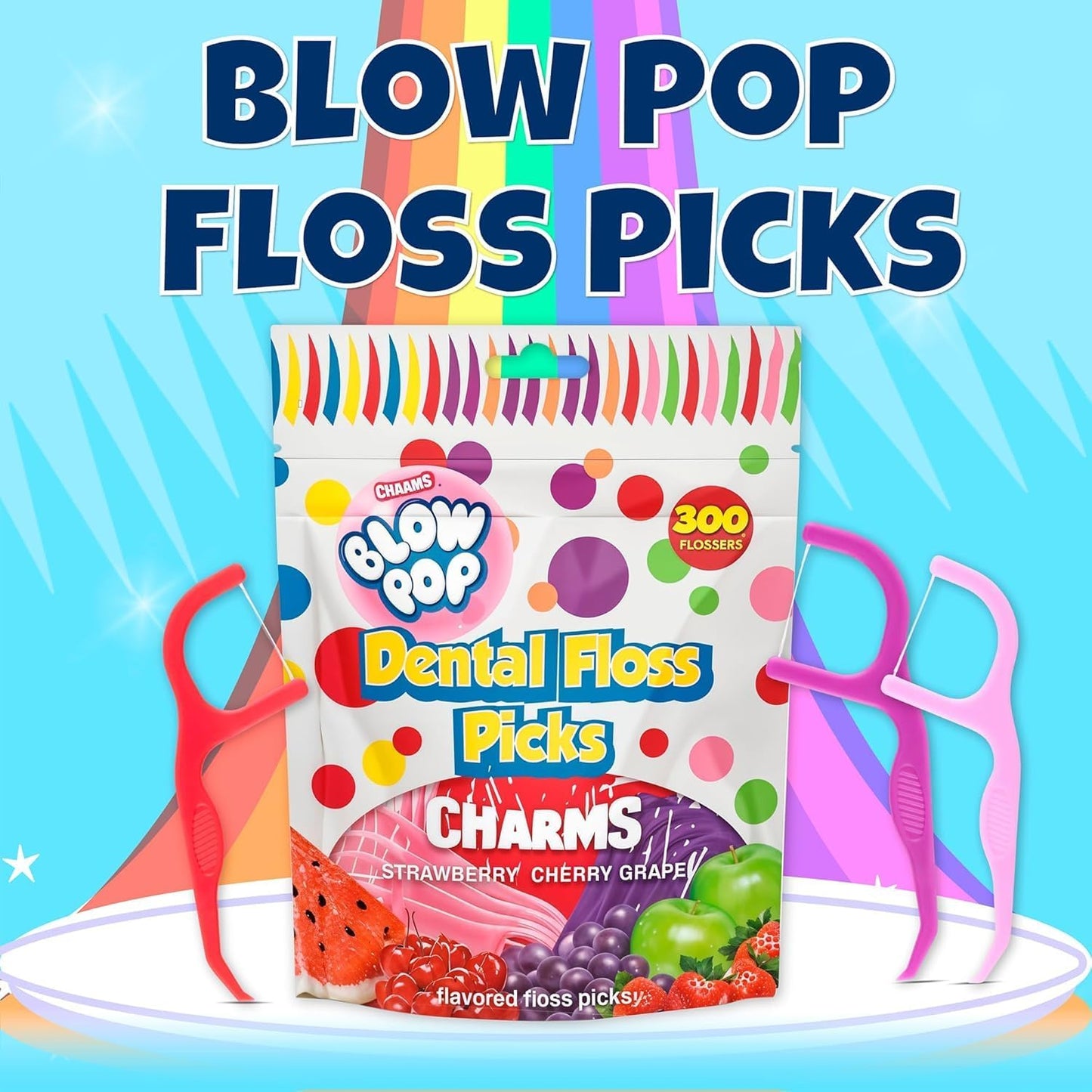 Flavored Floss Picks, 300 Count, Dental Floss Picks for Teeth with Fun Fruit Flavors, Flosser Picks for Adults and Children, | Strawberry, Cherry & Grape Flavor