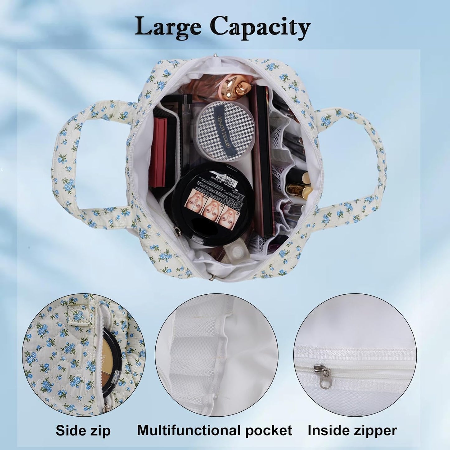 Cute Quilted Floral Makeup Bag(2Pcs)，Coquette Aesthetic Cosmetic Bag，Travel Toiletry Bags， Kawaii Aesthetic pouch for Women (13-Blue)