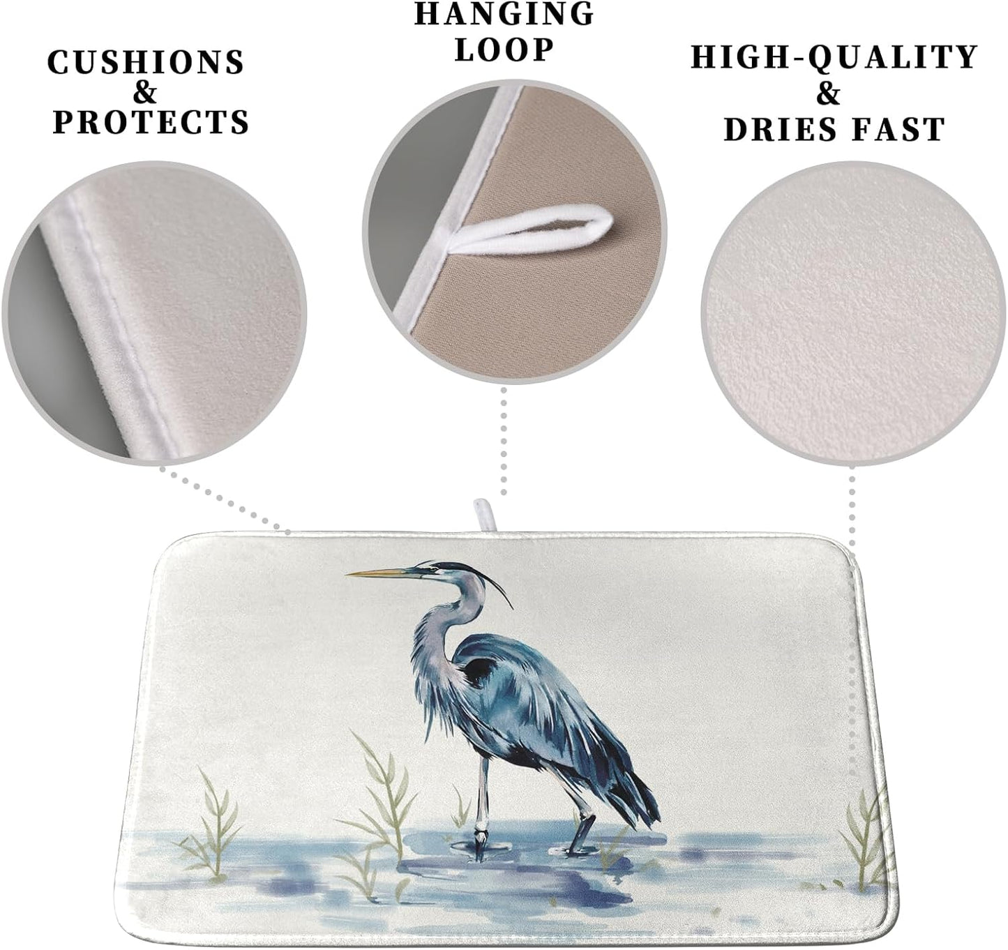 Summer Dish Drying Mat Blue White Heron Beach Absorbent Microfiber Drying Mats for Kitchen Counter Coastal Nautical Birds Dishes Drainer Mat Extra Large 18x24 Inch